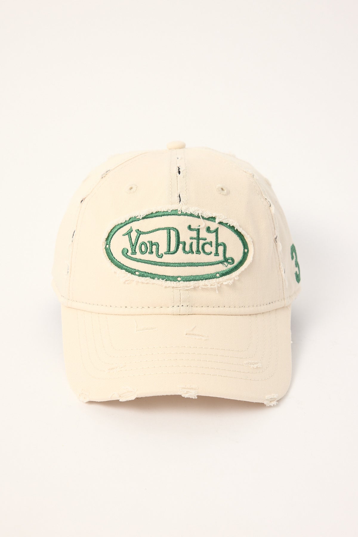 Von Dutch Torn Twill Patch Dad Cap Beige/Green Embroidery