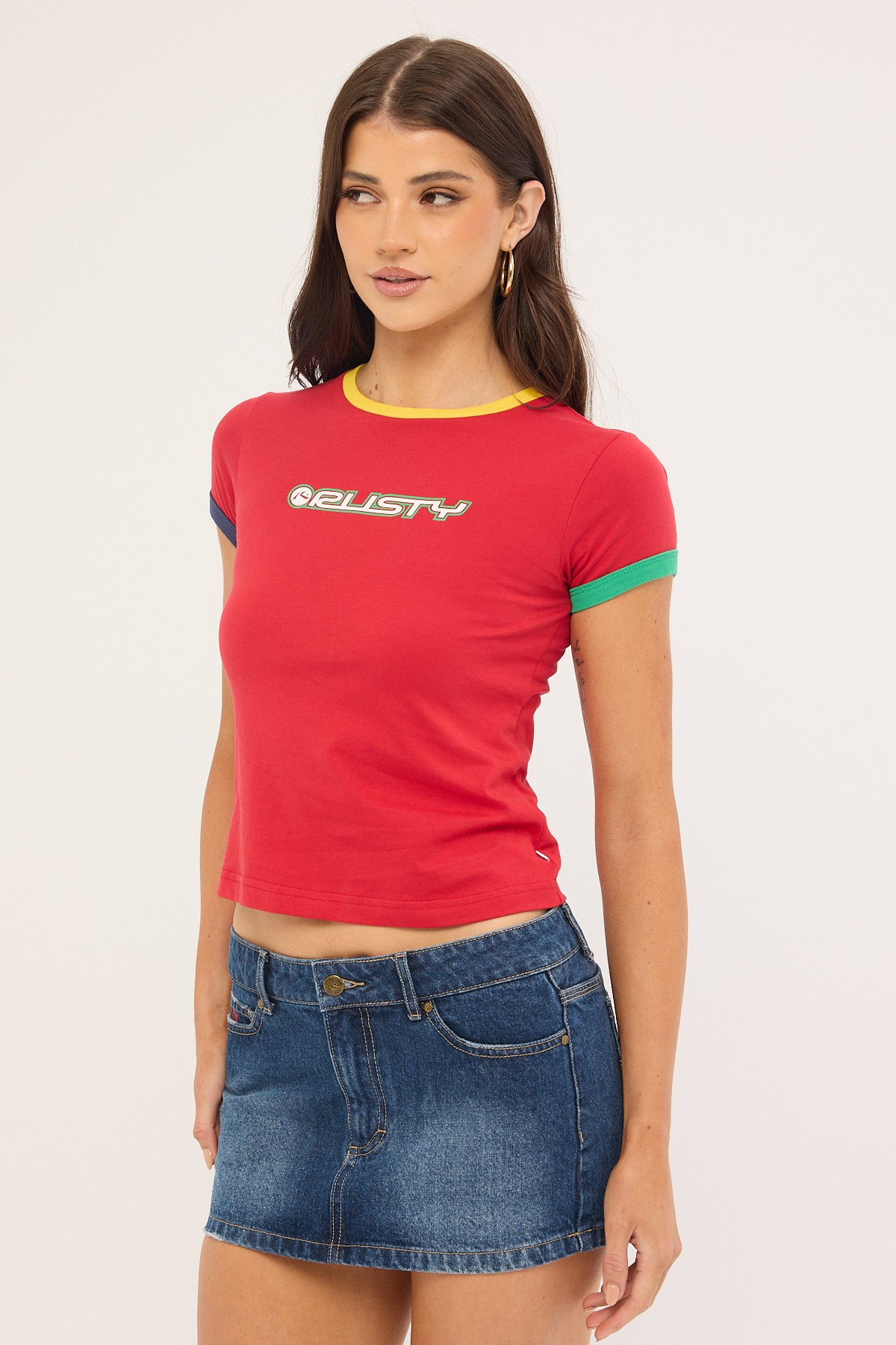 Rusty 3 Tone Contrast Ringer Baby Tee Red