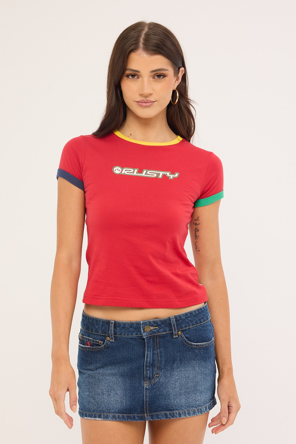 Rusty 3 Tone Contrast Ringer Baby Tee Red