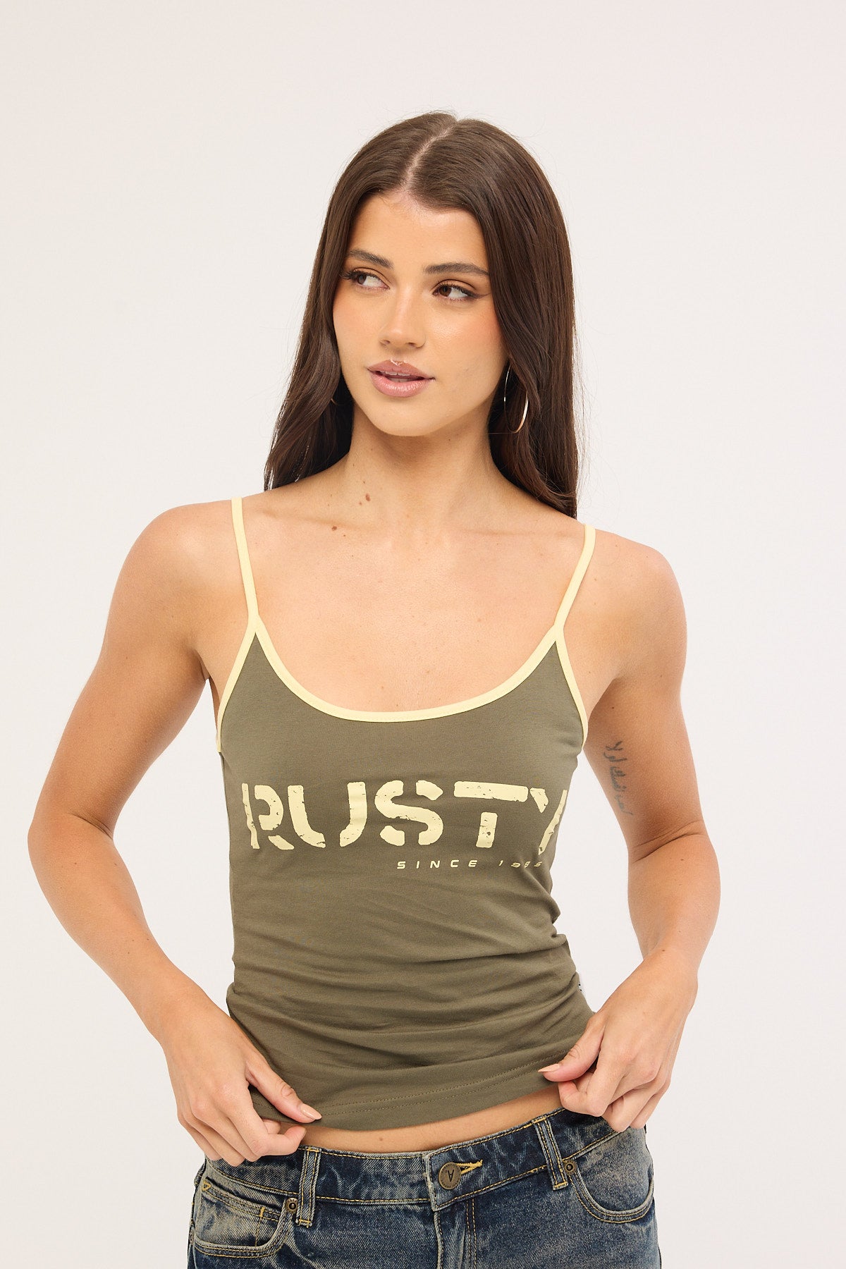 Rusty Tank Girl Contrast Staple Singlet Khaki