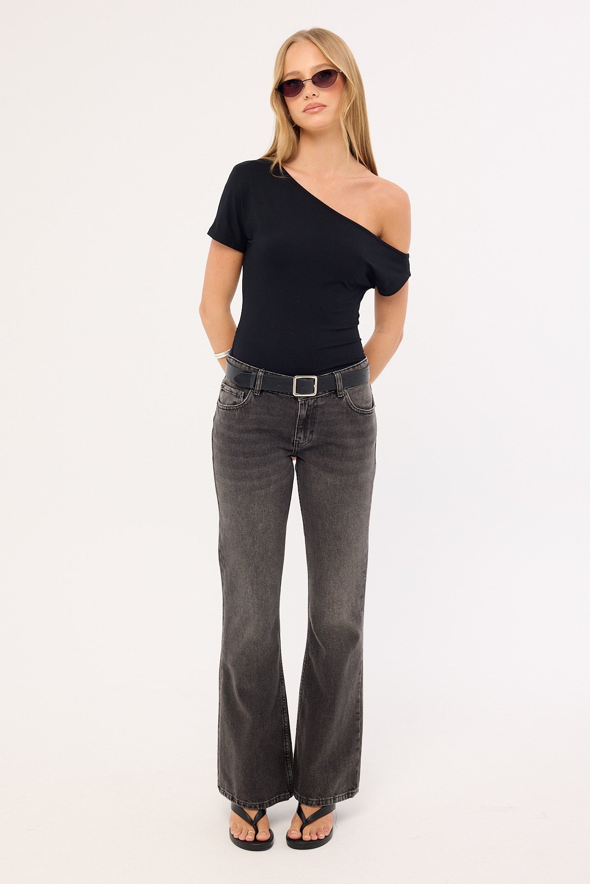 Motel Rigid Low Rise Flare Jeans Washed Black Grey