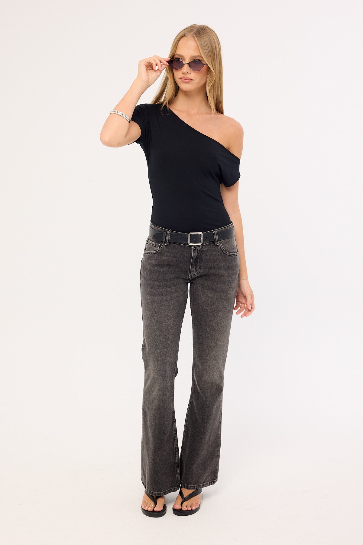 Motel Rigid Low Rise Flare Jeans Washed Black Grey