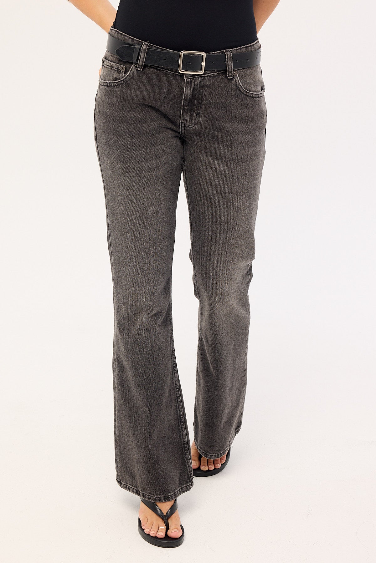 Motel Rigid Low Rise Flare Jeans Washed Black Grey