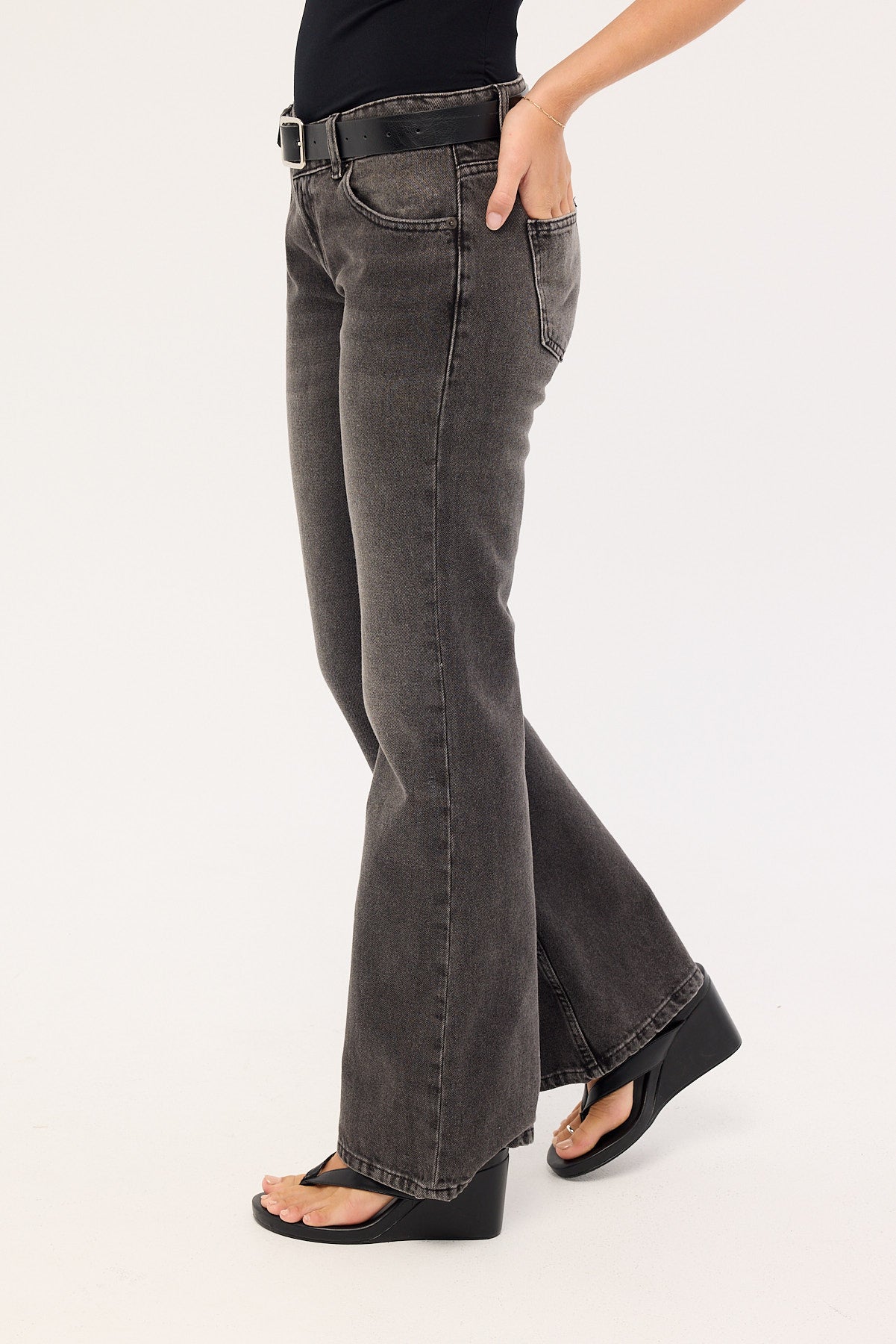 Motel Rigid Low Rise Flare Jeans Washed Black Grey