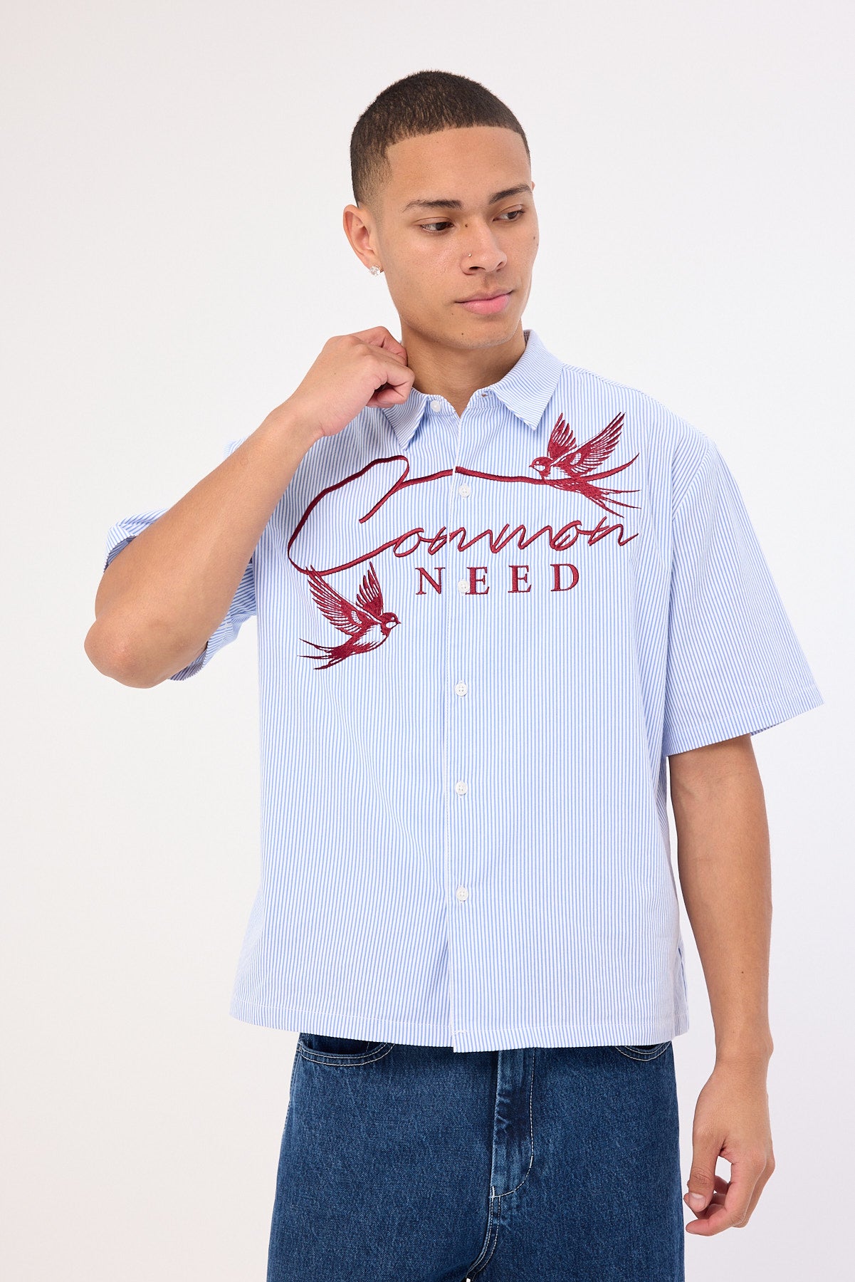 Common Need Swallows Boxy Cropped Shirt Blue Stripe