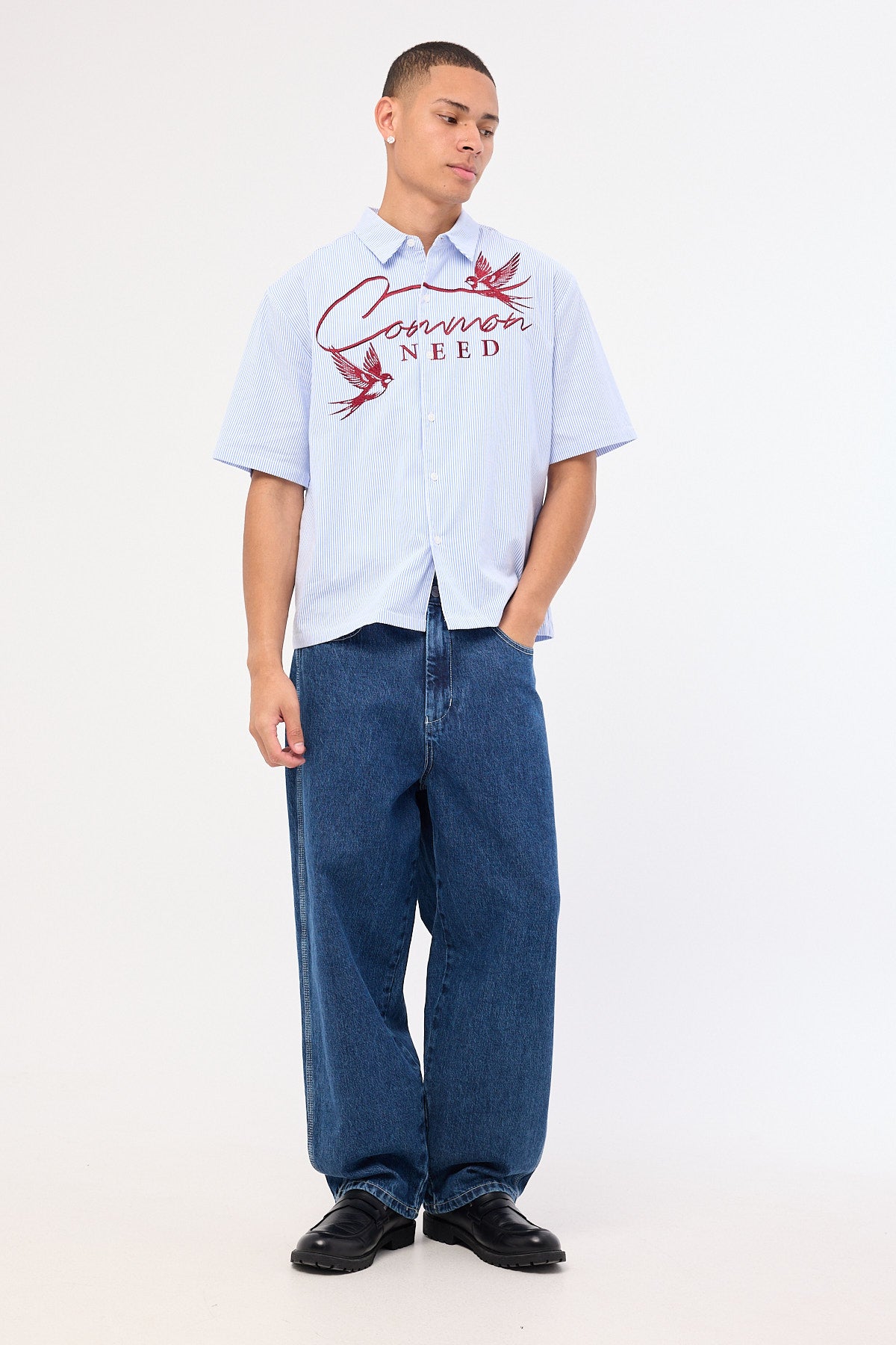 Common Need Swallows Boxy Cropped Shirt Blue Stripe