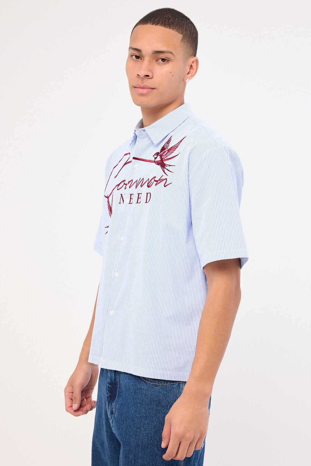 Common Need Swallows Boxy Cropped Shirt Blue Stripe