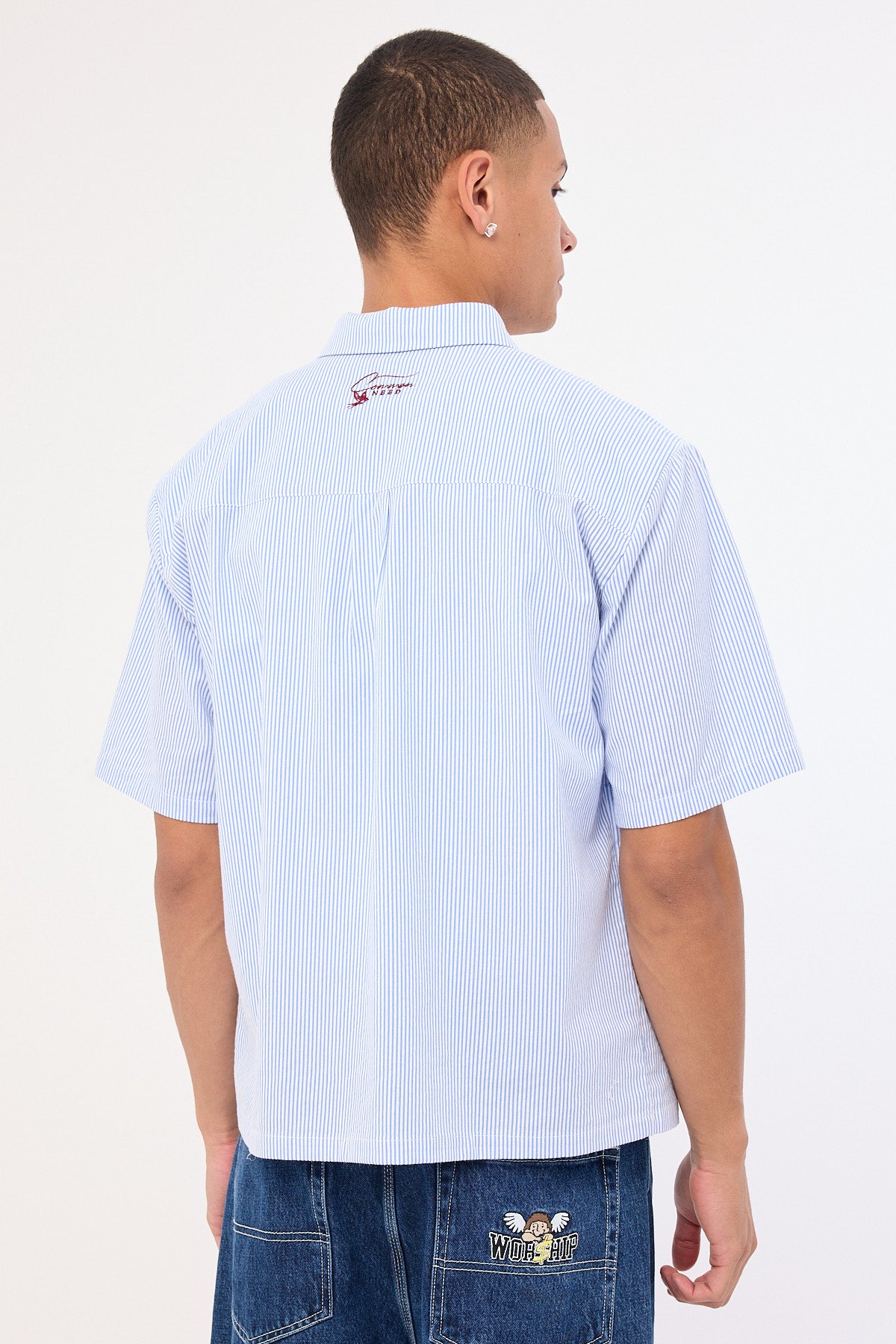 Common Need Swallows Boxy Cropped Shirt Blue Stripe