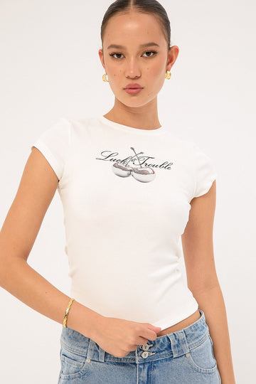 Luck + Trouble Chrome Cherries Baby Tee White