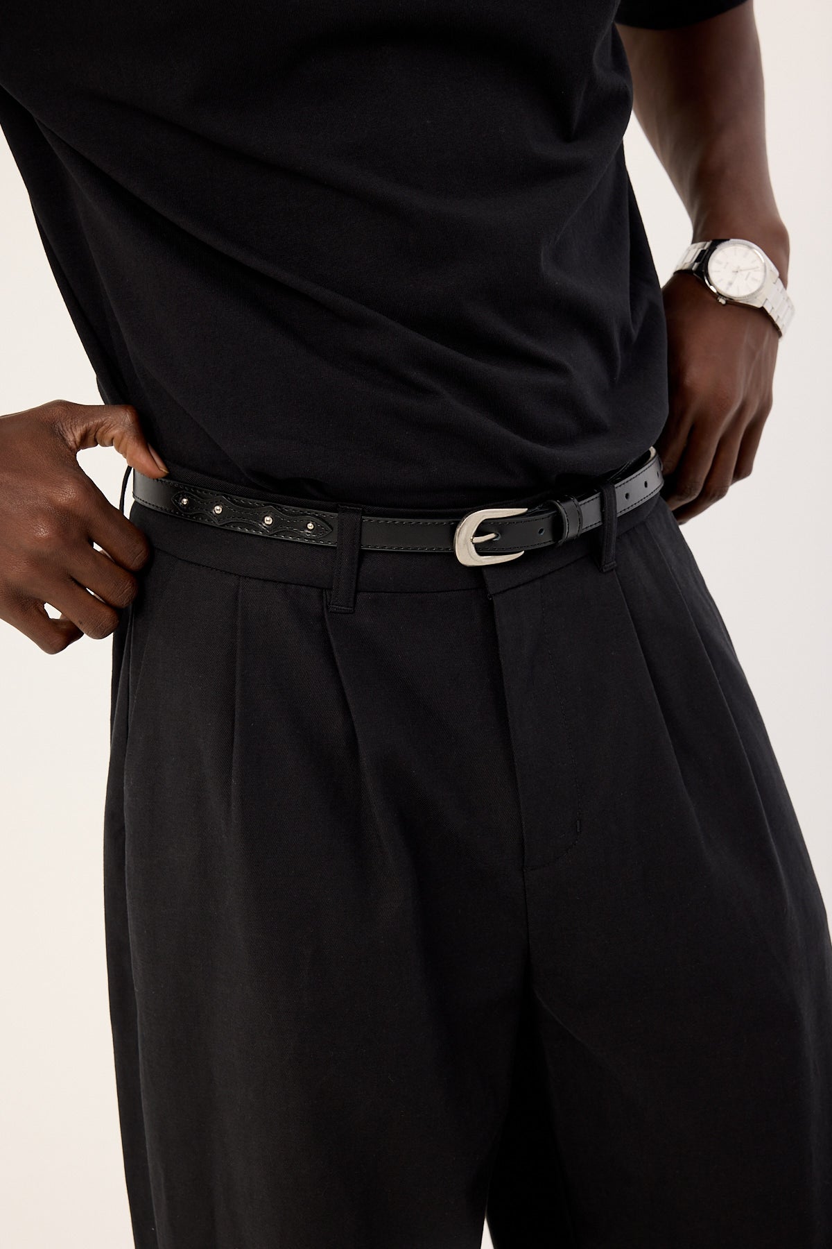 Common Need Slim Studded Western Leather Belt Black