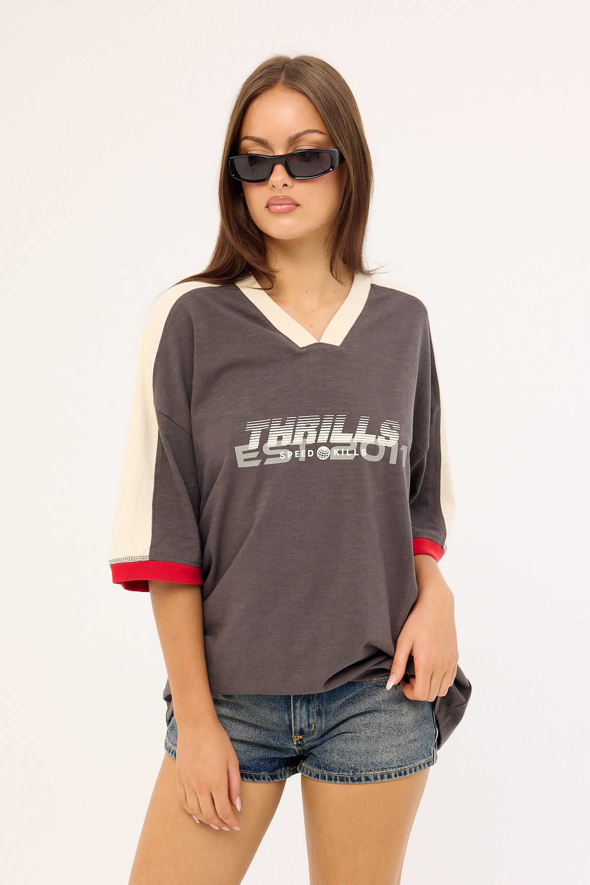 Thrills Speed Kills V-Neck Oversized Tee Merch Black