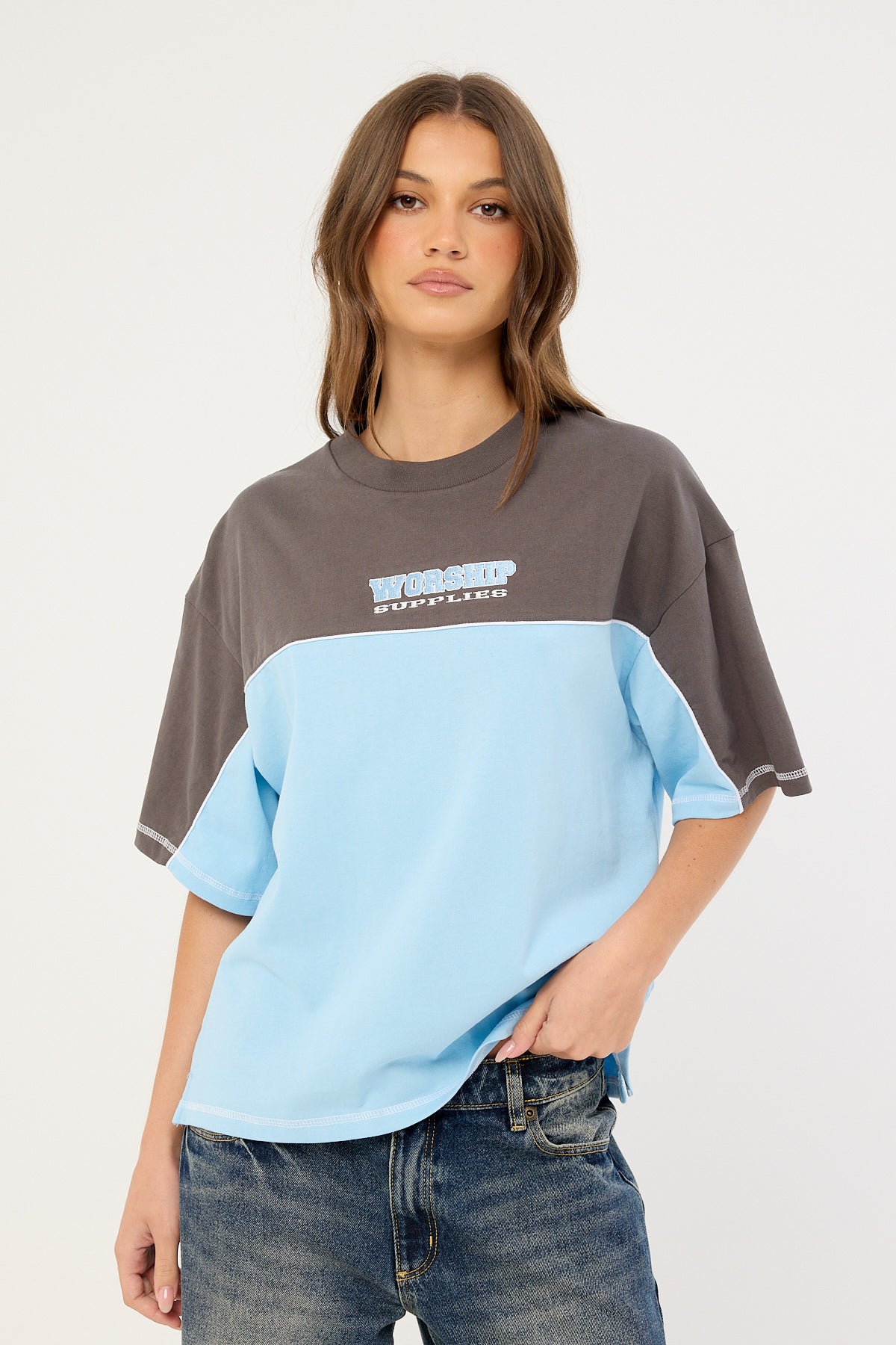 Worship Belter Panelled Box Fit Tee Willow Blue
