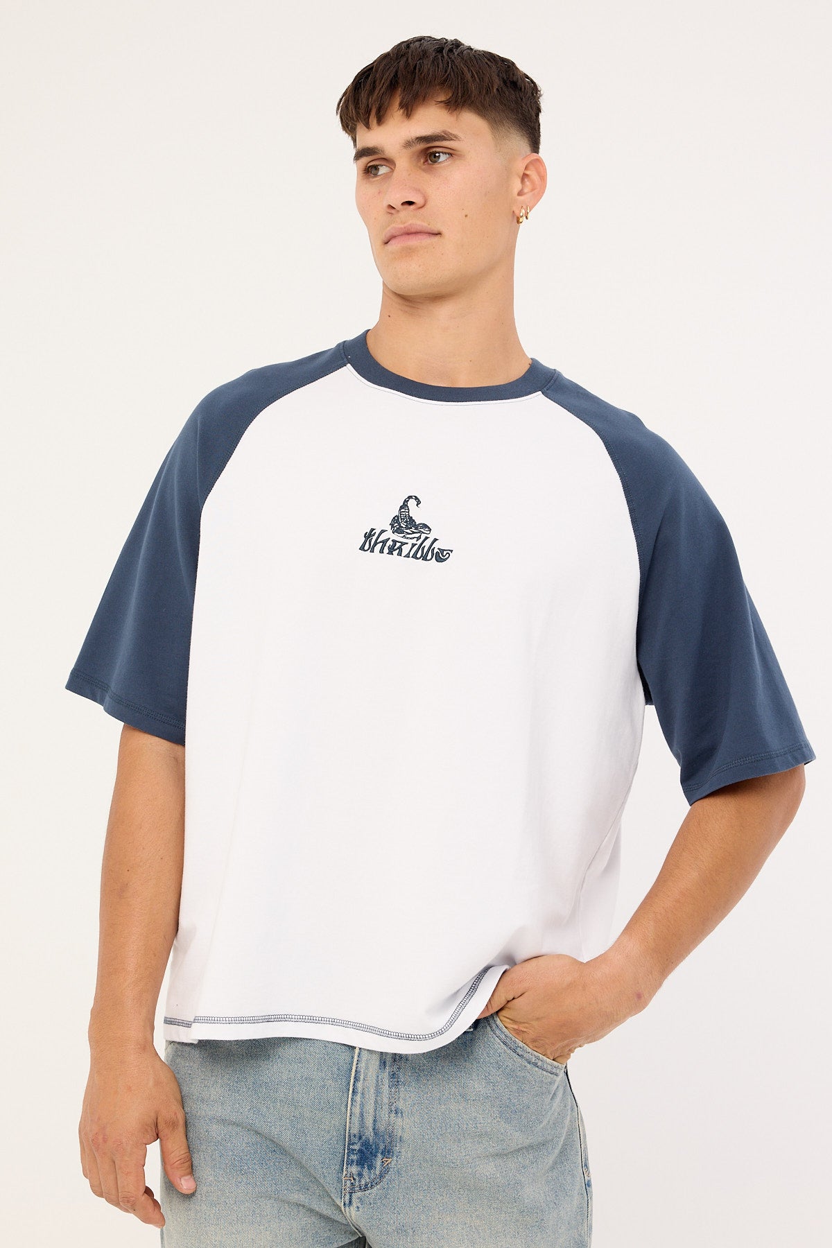 Thrills Chaotic State Embro Raglan Box Fit Oversize Cropped Tee White Petrol