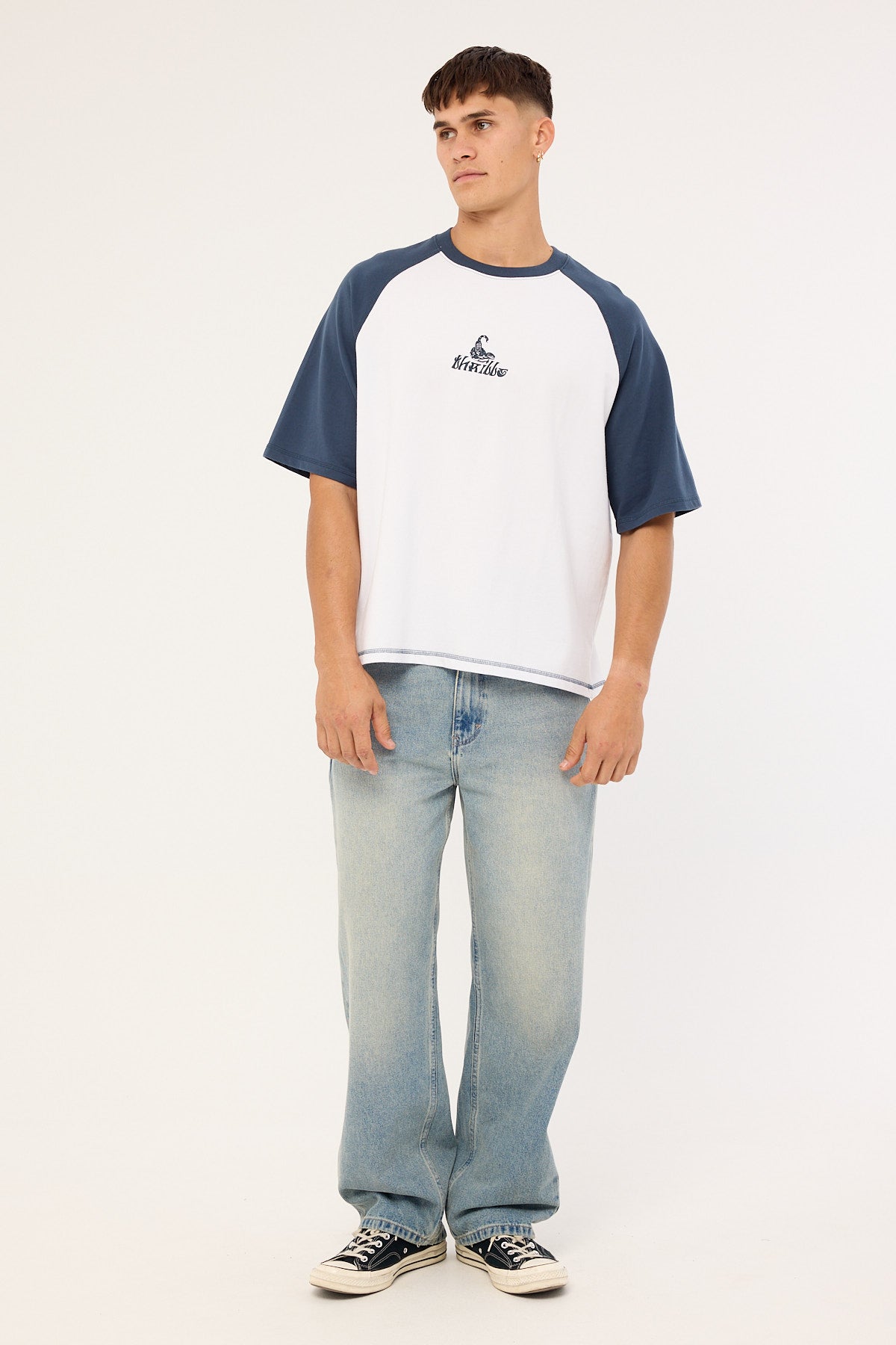 Thrills Chaotic State Embro Raglan Box Fit Oversize Cropped Tee White Petrol