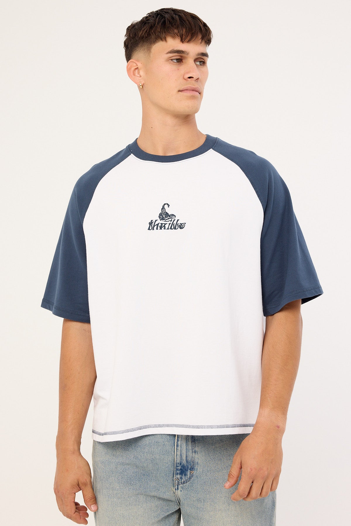 Thrills Chaotic State Embro Raglan Box Fit Oversize Cropped Tee White Petrol