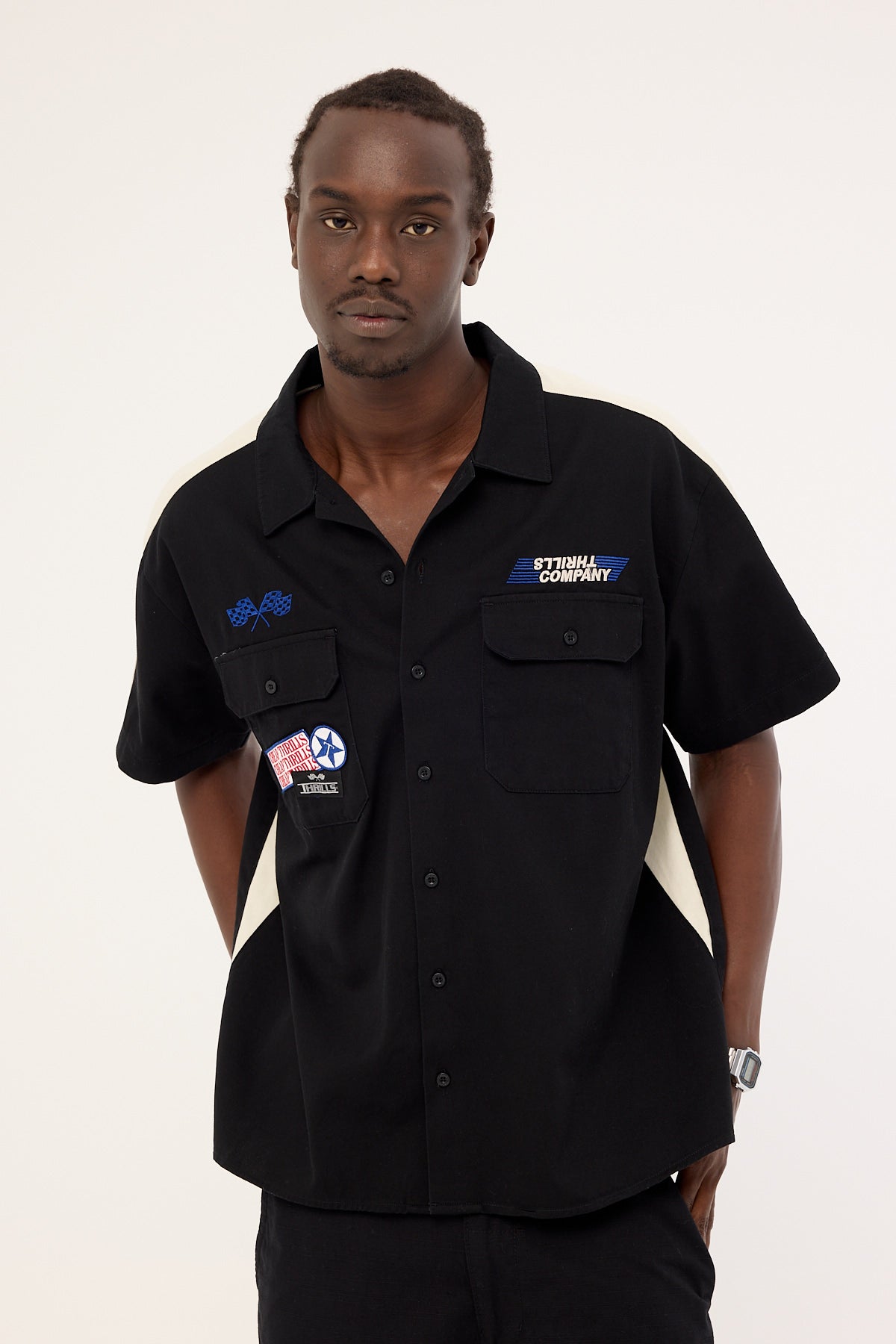 Thrills Rapid Fire Short Sleeve Cropped Panel Shirt Black