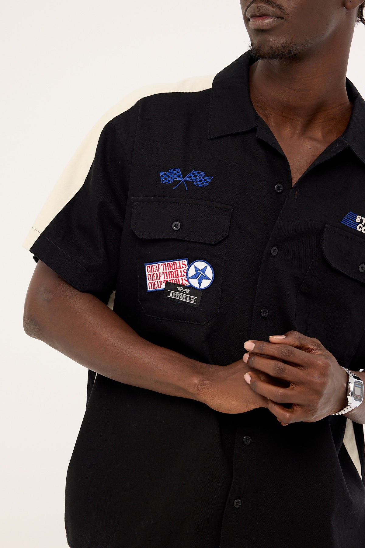 Thrills Rapid Fire Short Sleeve Cropped Panel Shirt Black