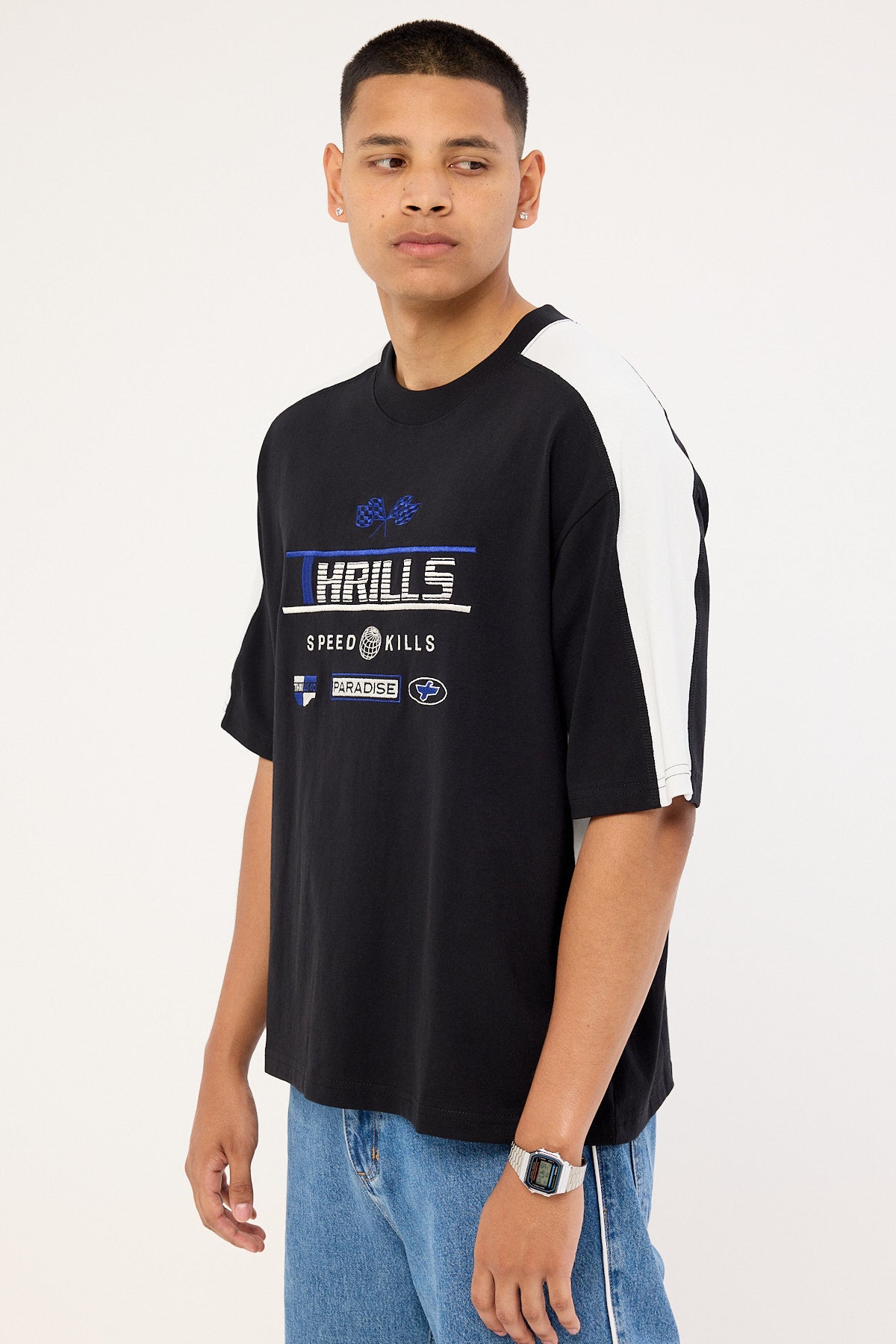 Thrills Rapid Fire Panel Box Fit Oversize Cropped Tee Black