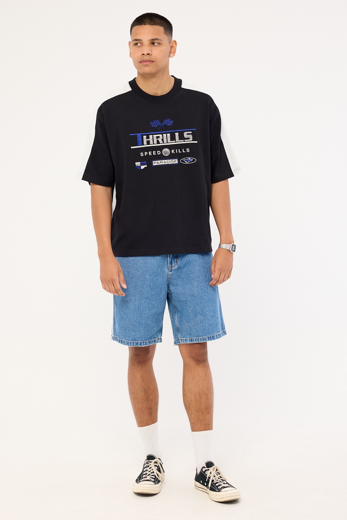 Thrills Rapid Fire Panel Box Fit Oversize Cropped Tee Black