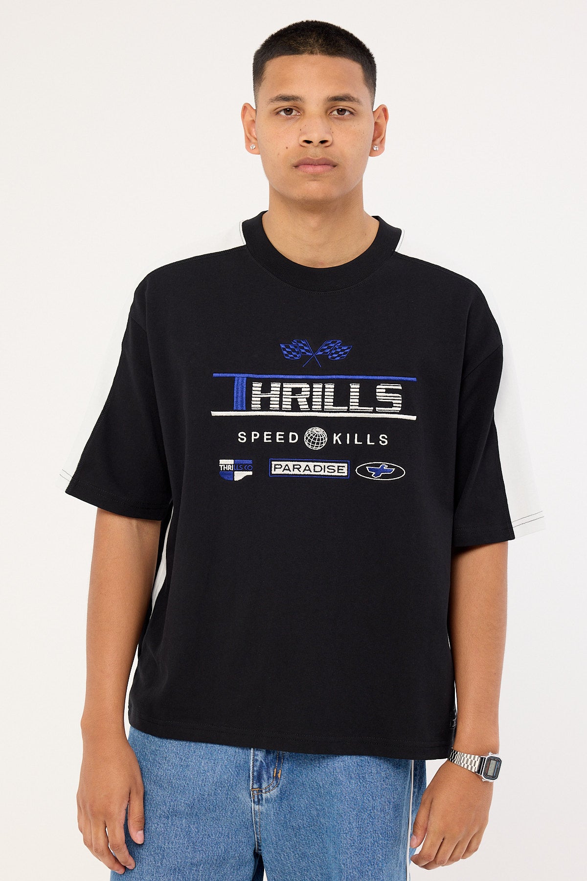 Thrills Rapid Fire Panel Box Fit Oversize Cropped Tee Black