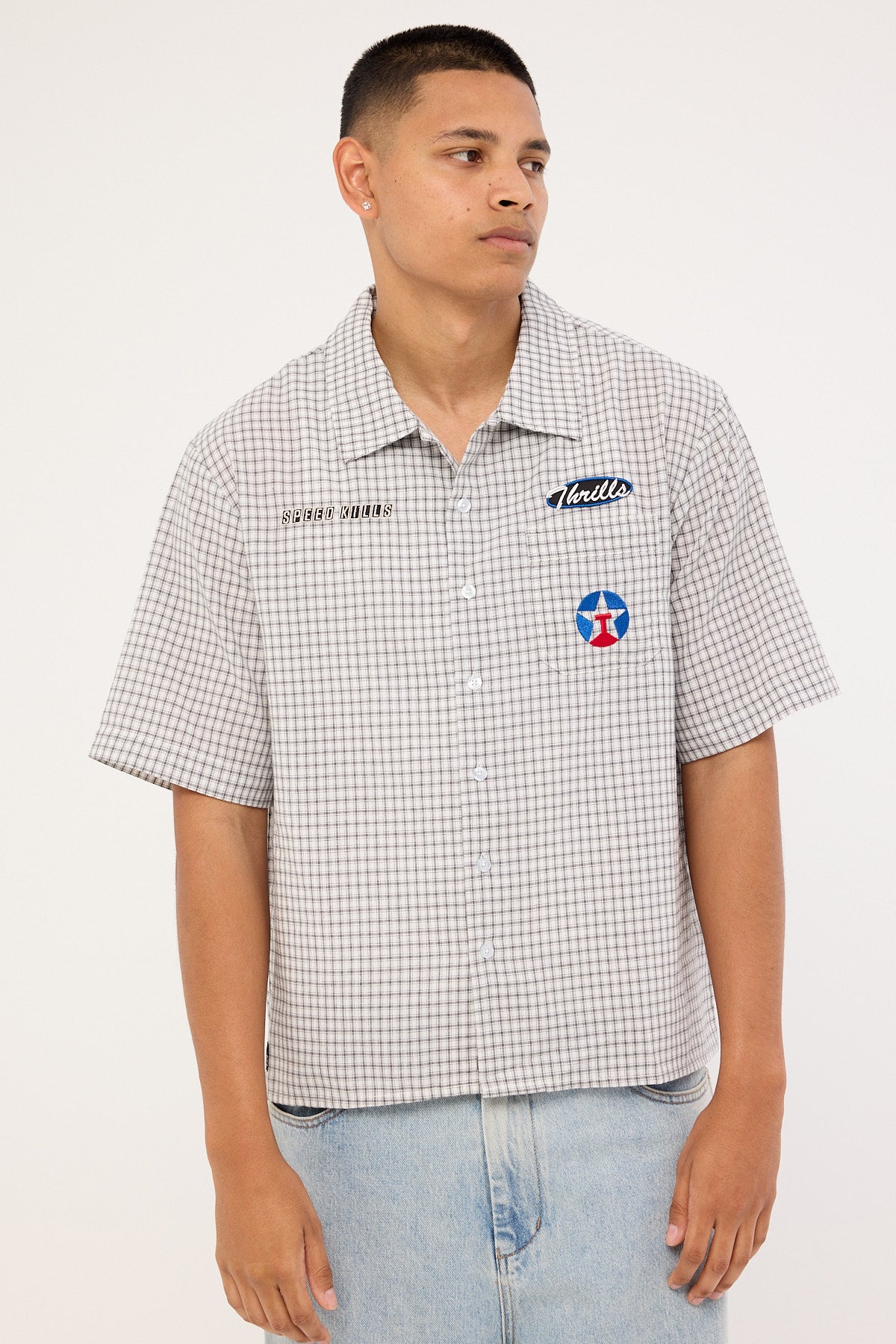 Thrills Super Charged Short Sleeve Check Work Shirt White
