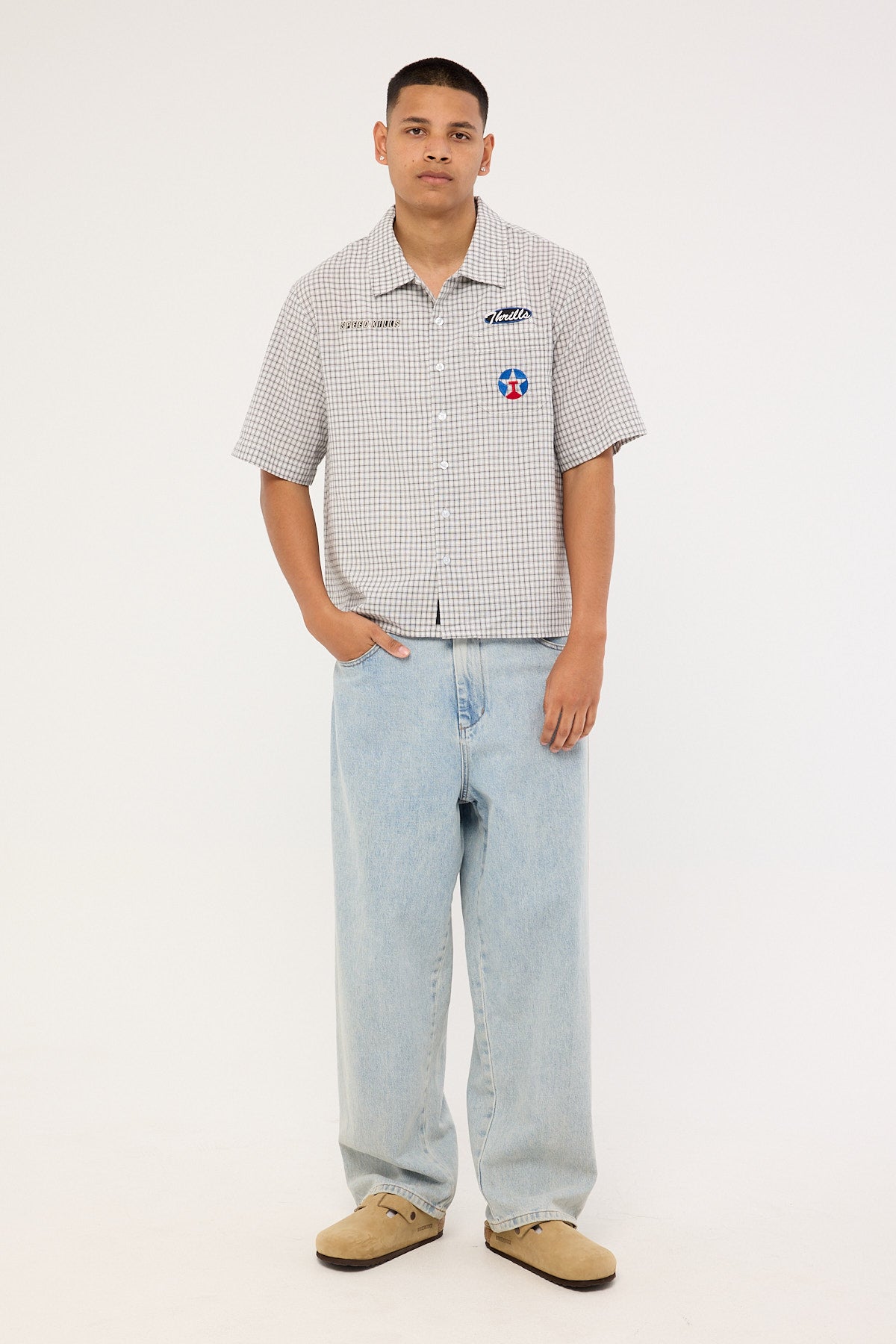 Thrills Super Charged Short Sleeve Check Work Shirt White