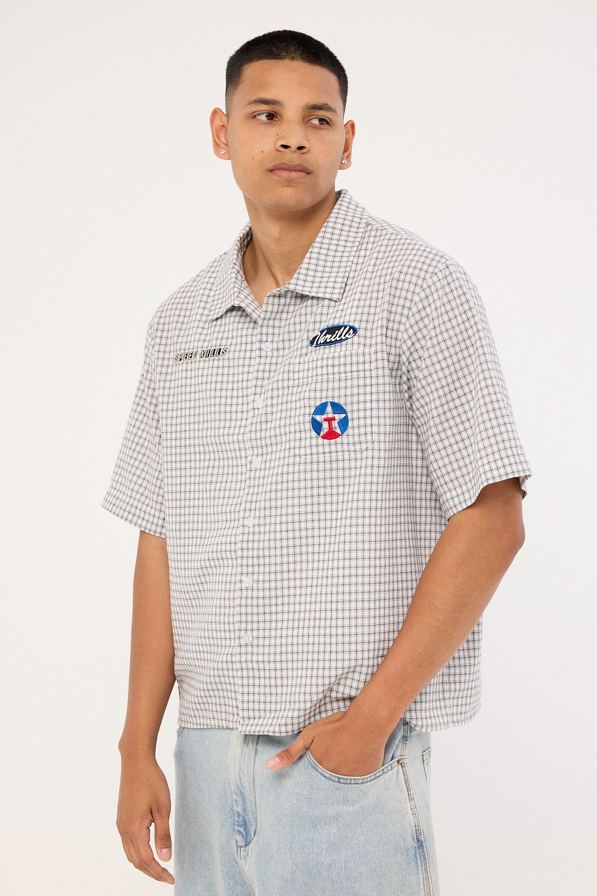 Thrills Super Charged Short Sleeve Check Work Shirt White