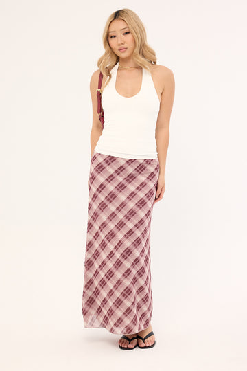 Luck + Trouble Linear Check Maxi Skirt Burgundy Print