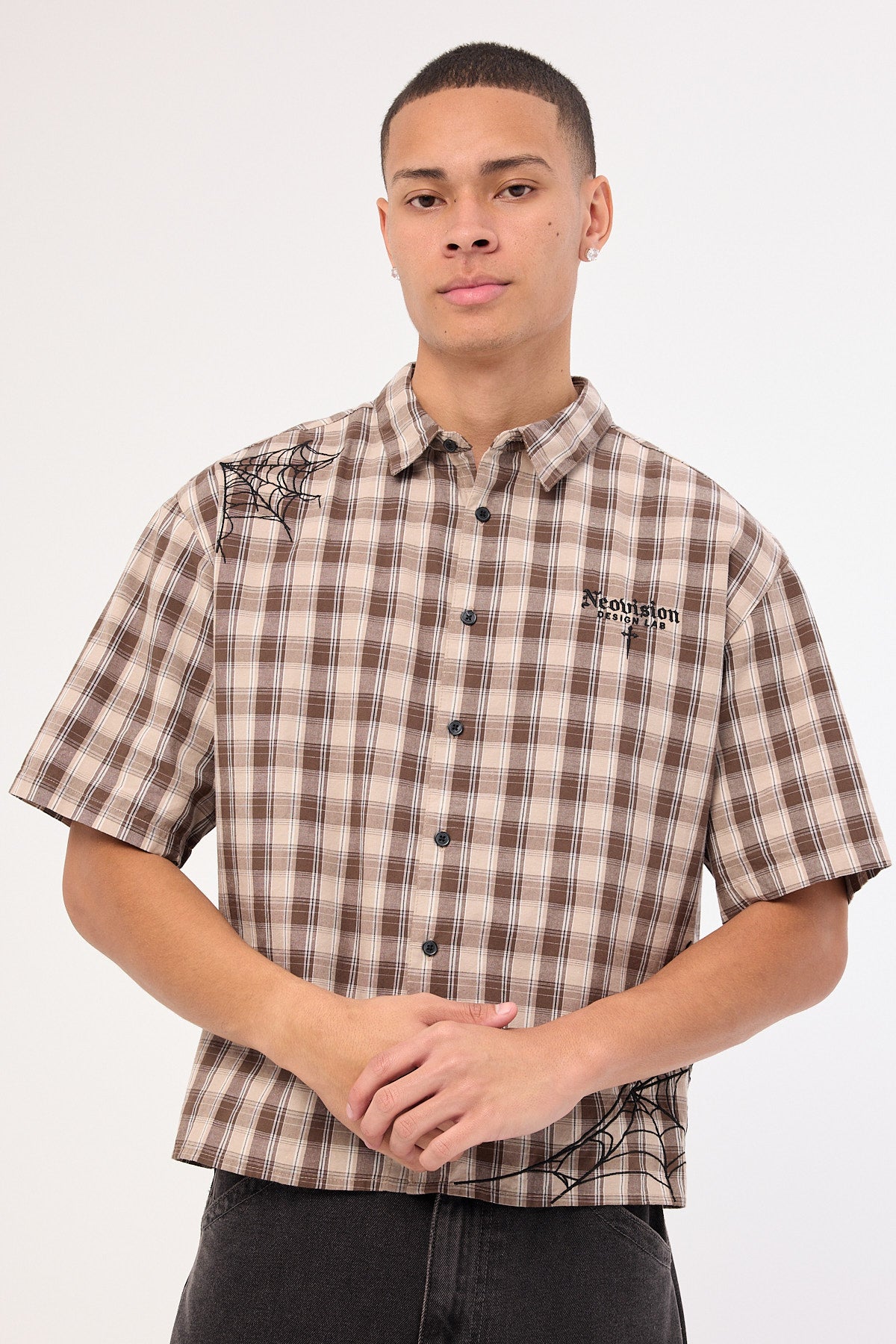 Neovision Arachnid Oversize Cropped Shirt Brown/Taupe Check
