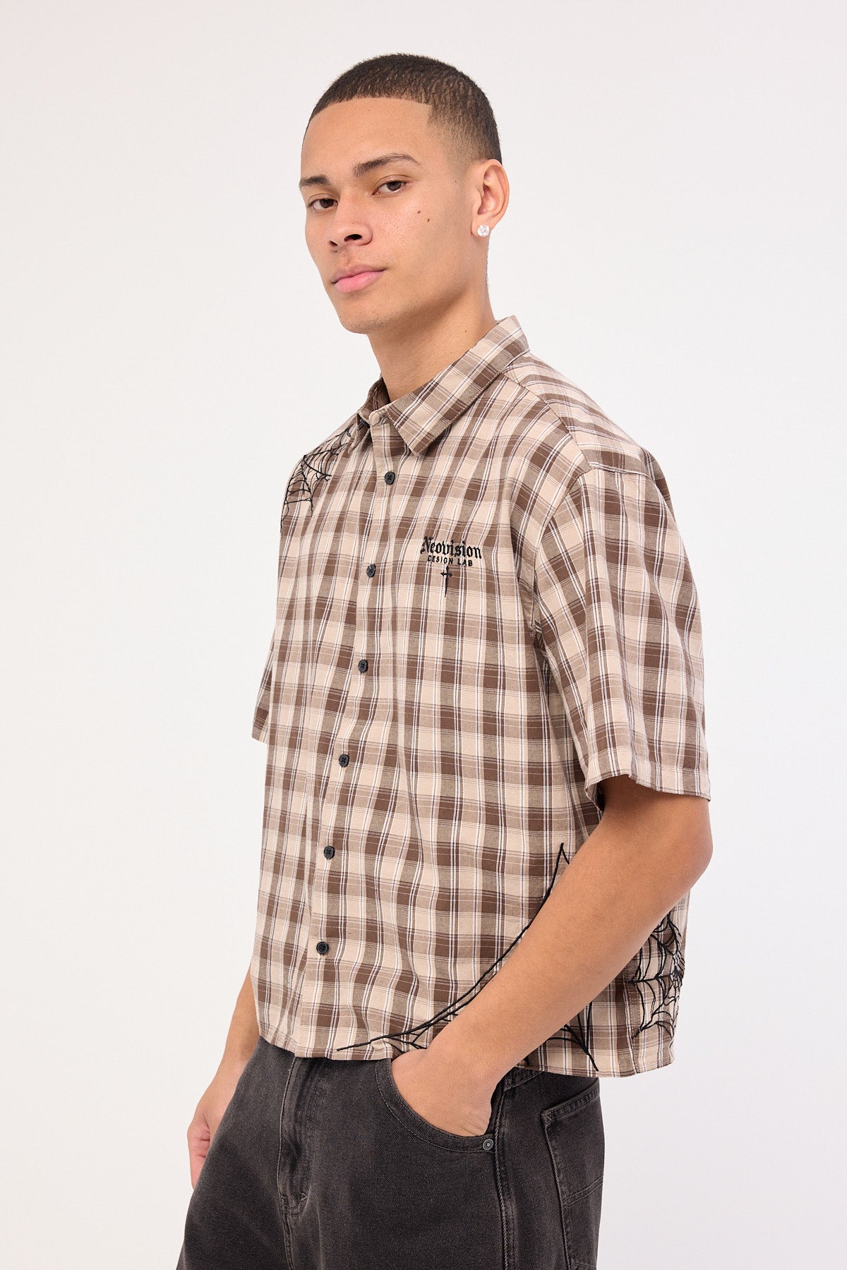 Neovision Arachnid Oversize Cropped Shirt Brown/Taupe Check