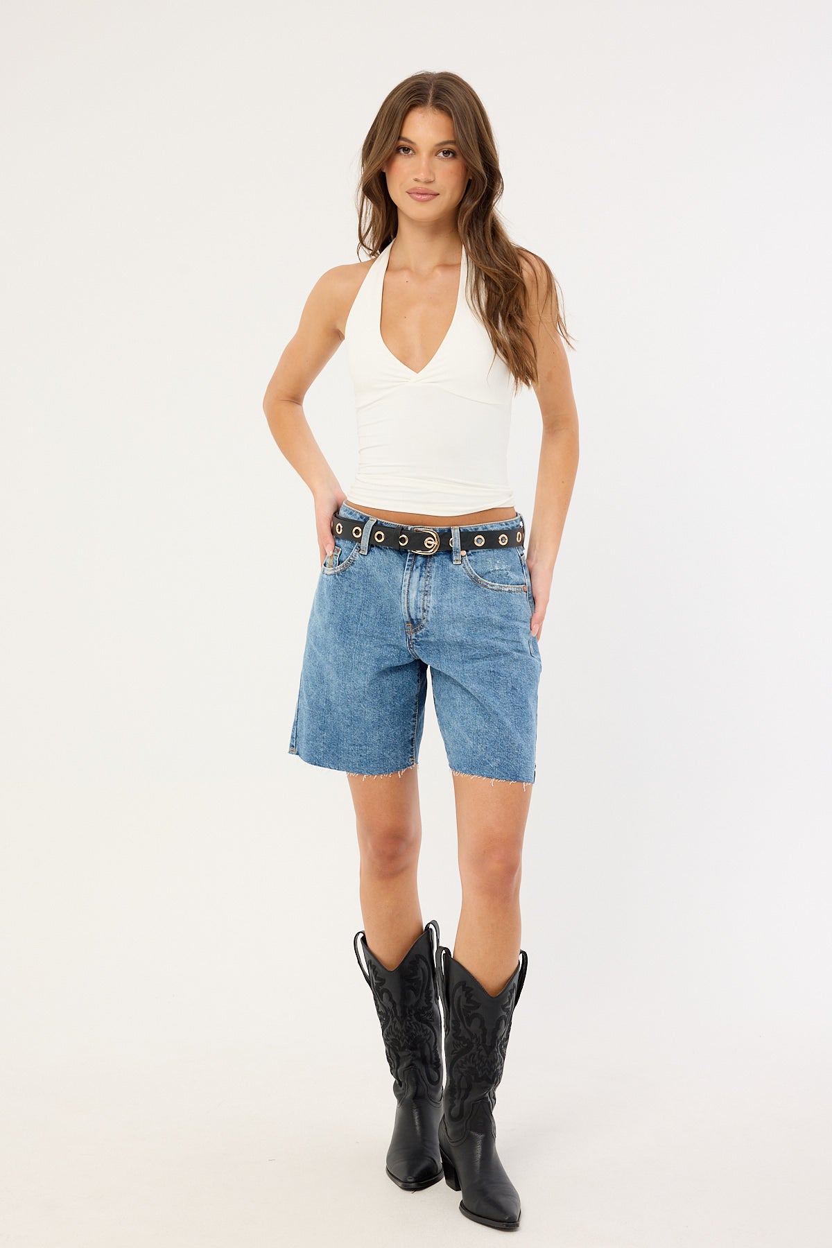 One Teaspoon Jacksons Mid Waist Wide Leg Denim Shorts Hoodlum Blue