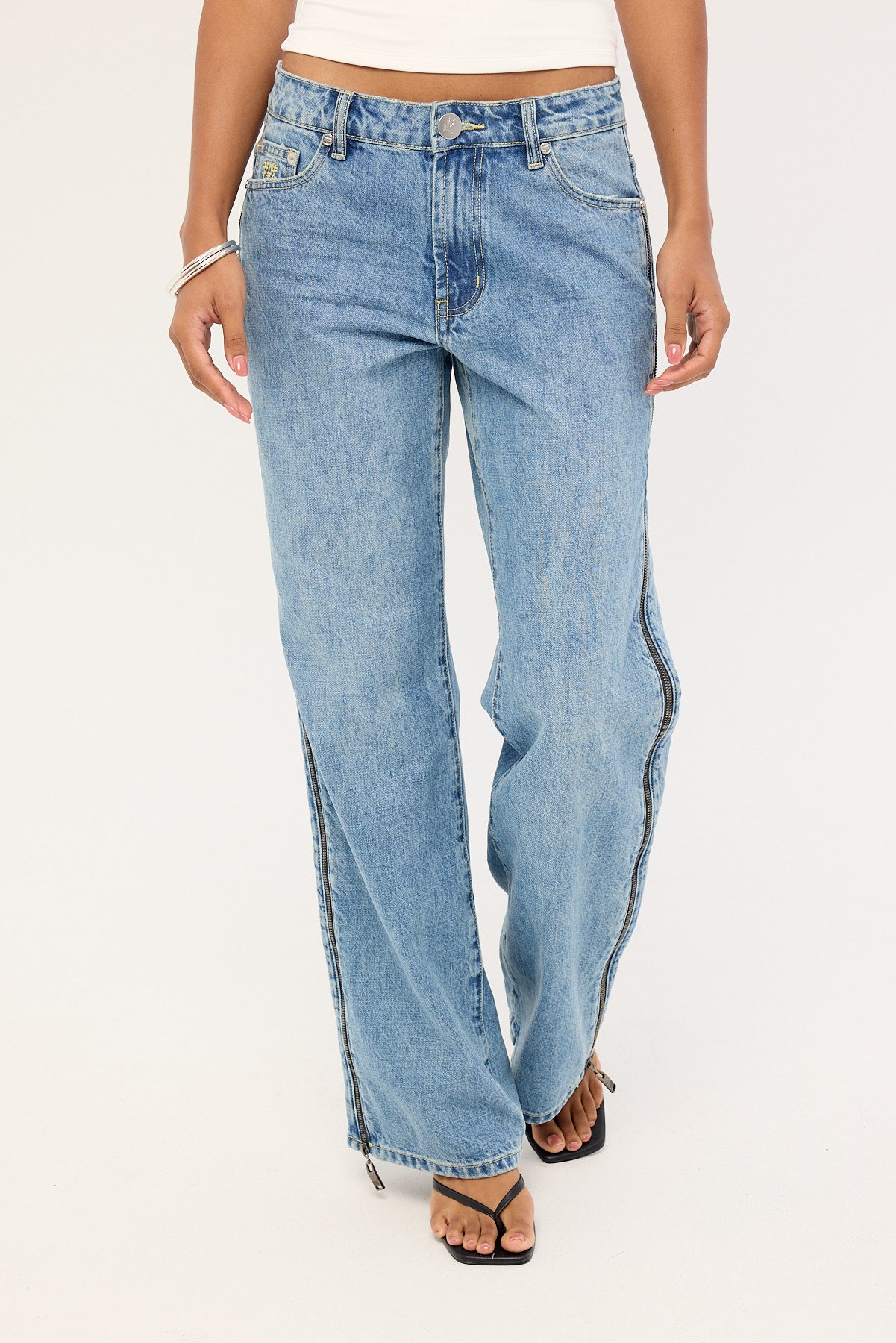One Teaspoon Low Riders Low Waist Wide Leg Zipped Denim Jeans Pretty Blue