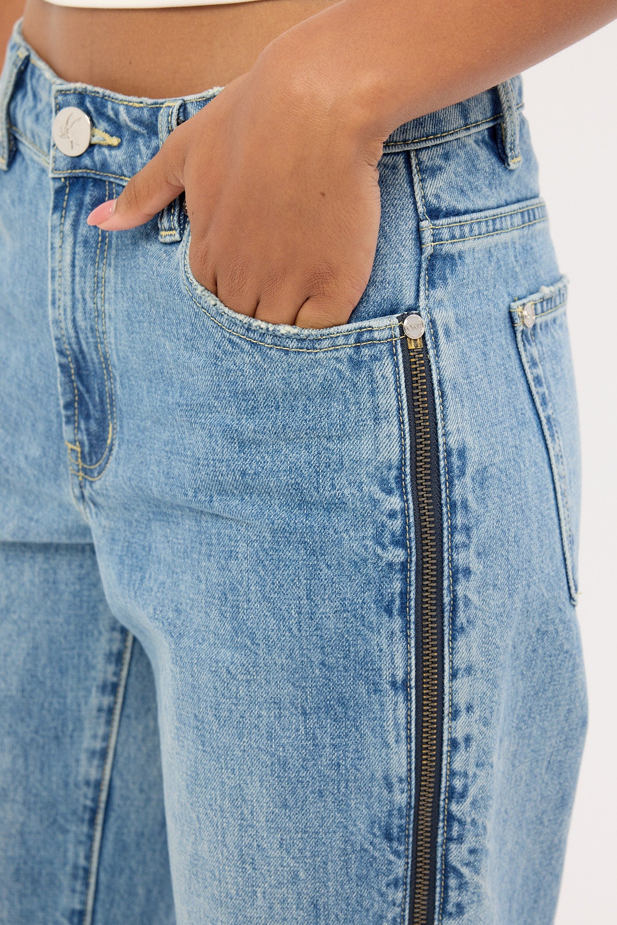 One Teaspoon Low Riders Low Waist Wide Leg Zipped Denim Jeans Pretty Blue