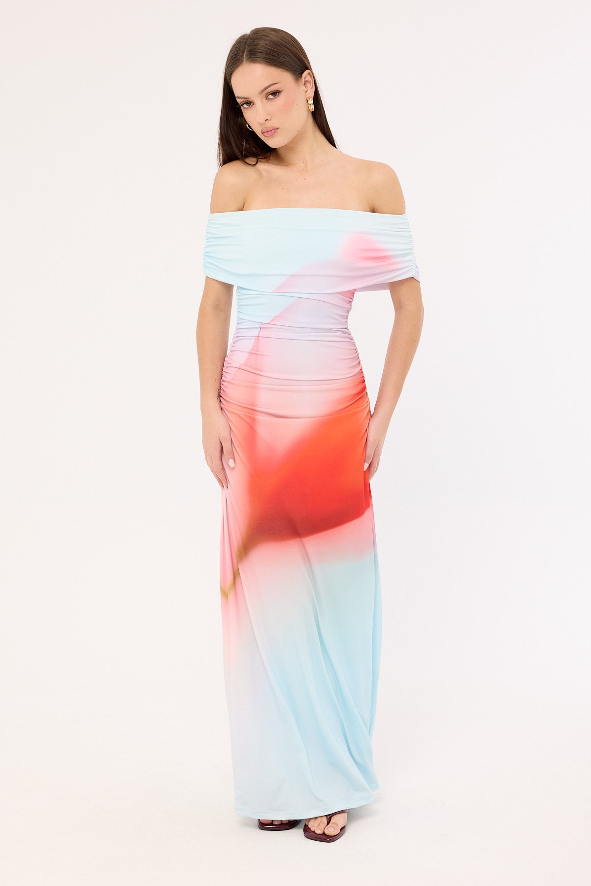 Perfect Stranger Yasmin Off Shoulder Maxi Dress Red Print