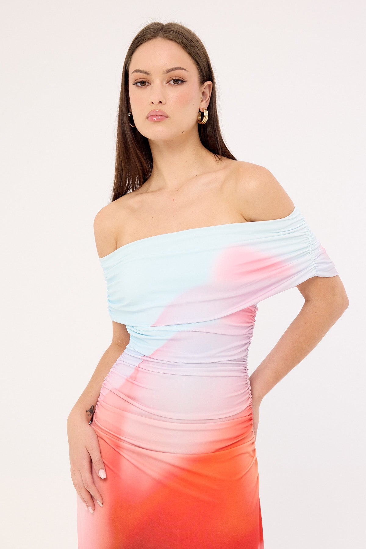 Perfect Stranger Yasmin Off Shoulder Maxi Dress Red Print