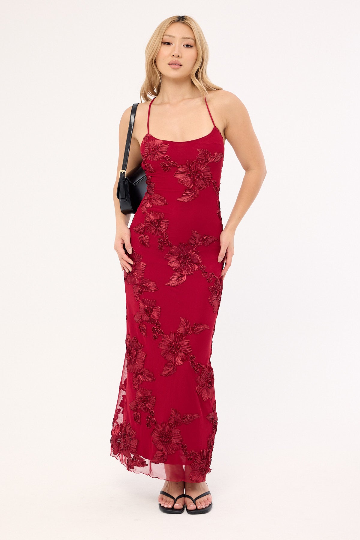 red dress in store Luck & Trouble Nia Applique Maxi Dress Burgundy – Universal Store