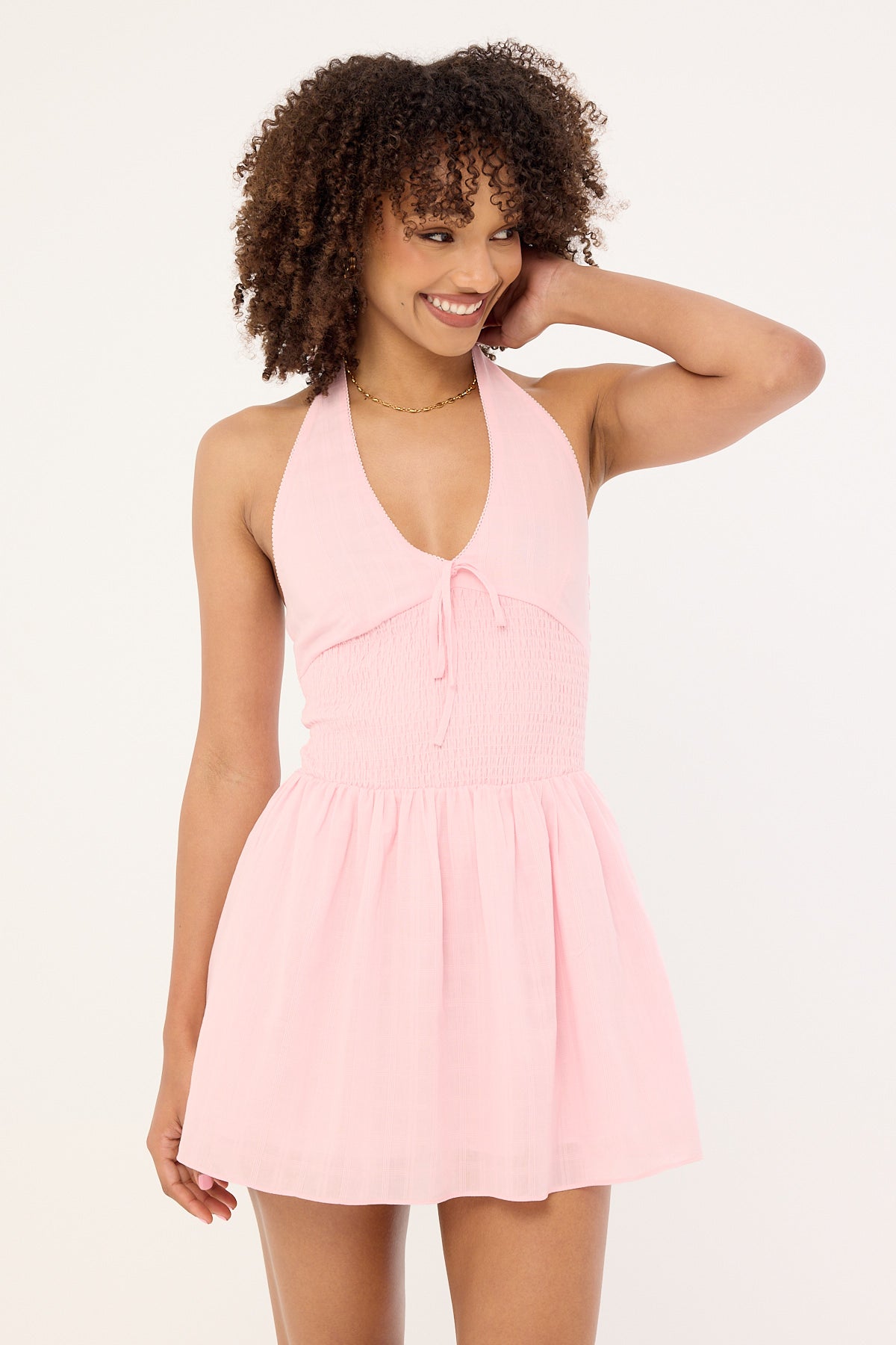 Luck & Trouble Marni Shirred Halter Mini Dress Pink