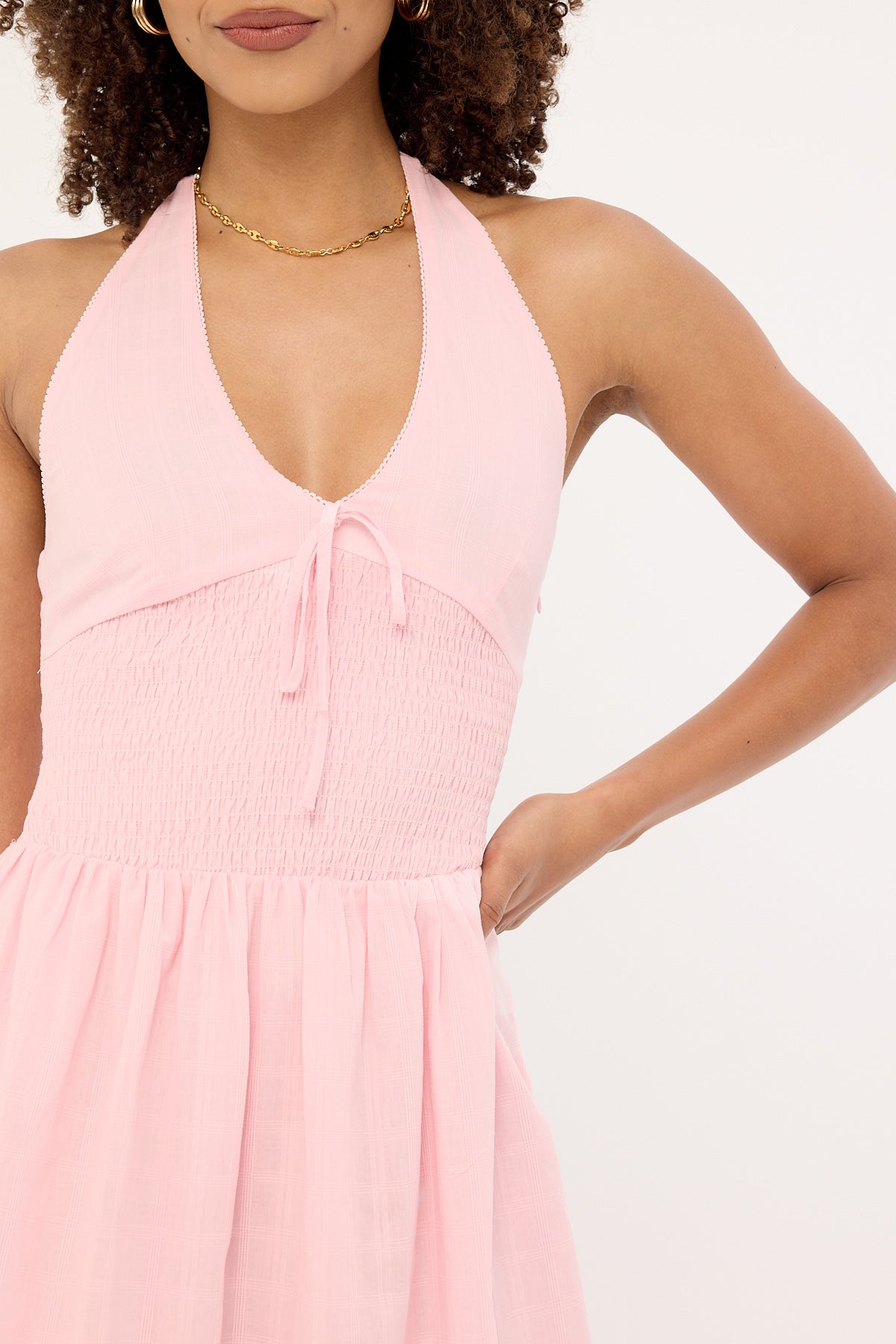 Luck & Trouble Marni Shirred Halter Mini Dress Pink Universal Store Luck & Trouble Marni Shirred Halter Mini Dress Pink Universal Store