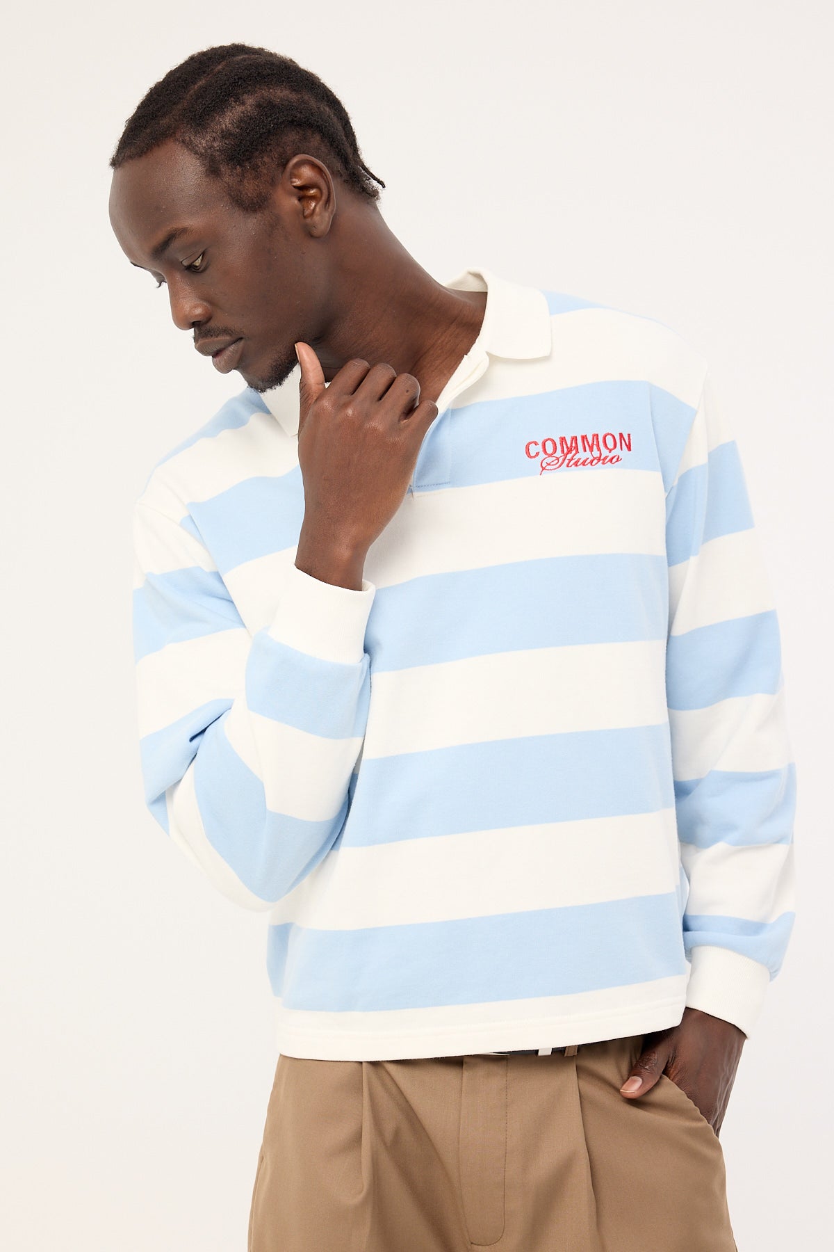 Common Need Lineup Cropped Rugby Shirt Light Blue/White