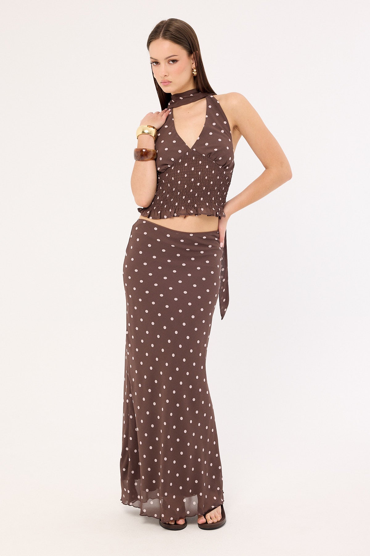 Perfect Stranger Polka Wish Halter Top Brown