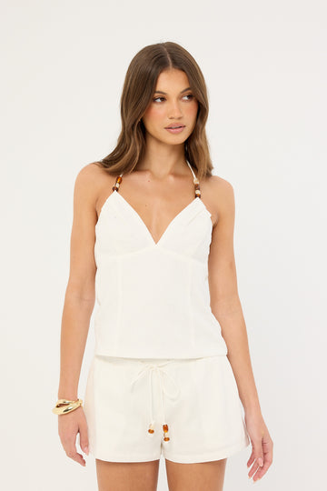 Perfect Stranger Juni Linen Halter Bead Top White
