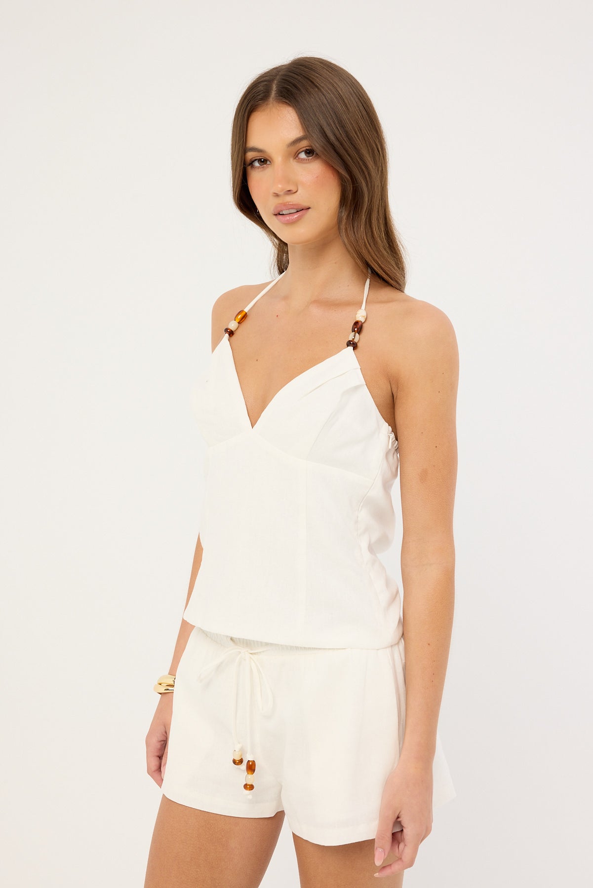 Perfect Stranger Juni Linen Halter Bead Top White