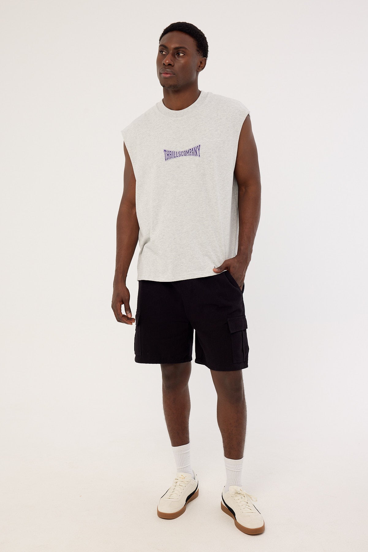 Thrills Double Down Embro Box Fit Oversize Short Muscle Tee Grey