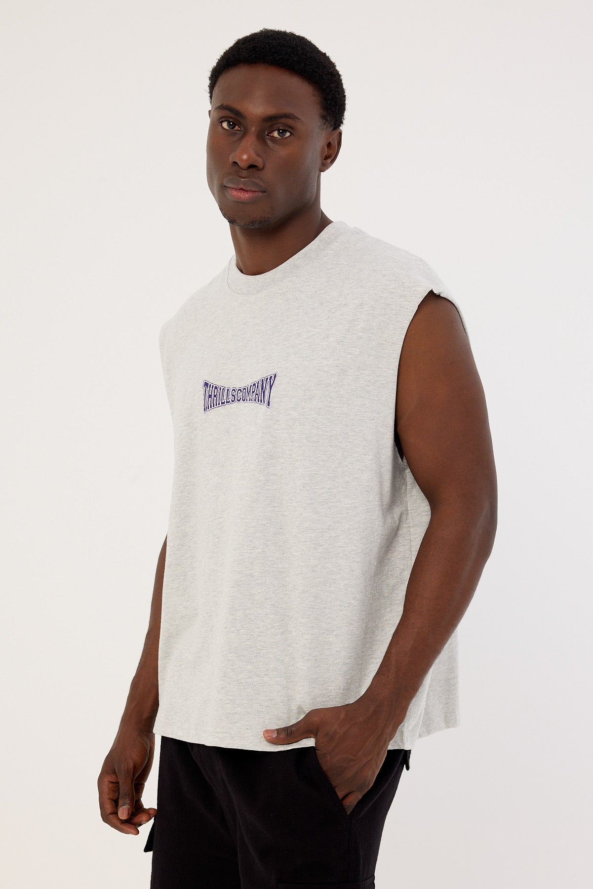 Thrills Double Down Embro Box Fit Oversize Short Muscle Tee Grey