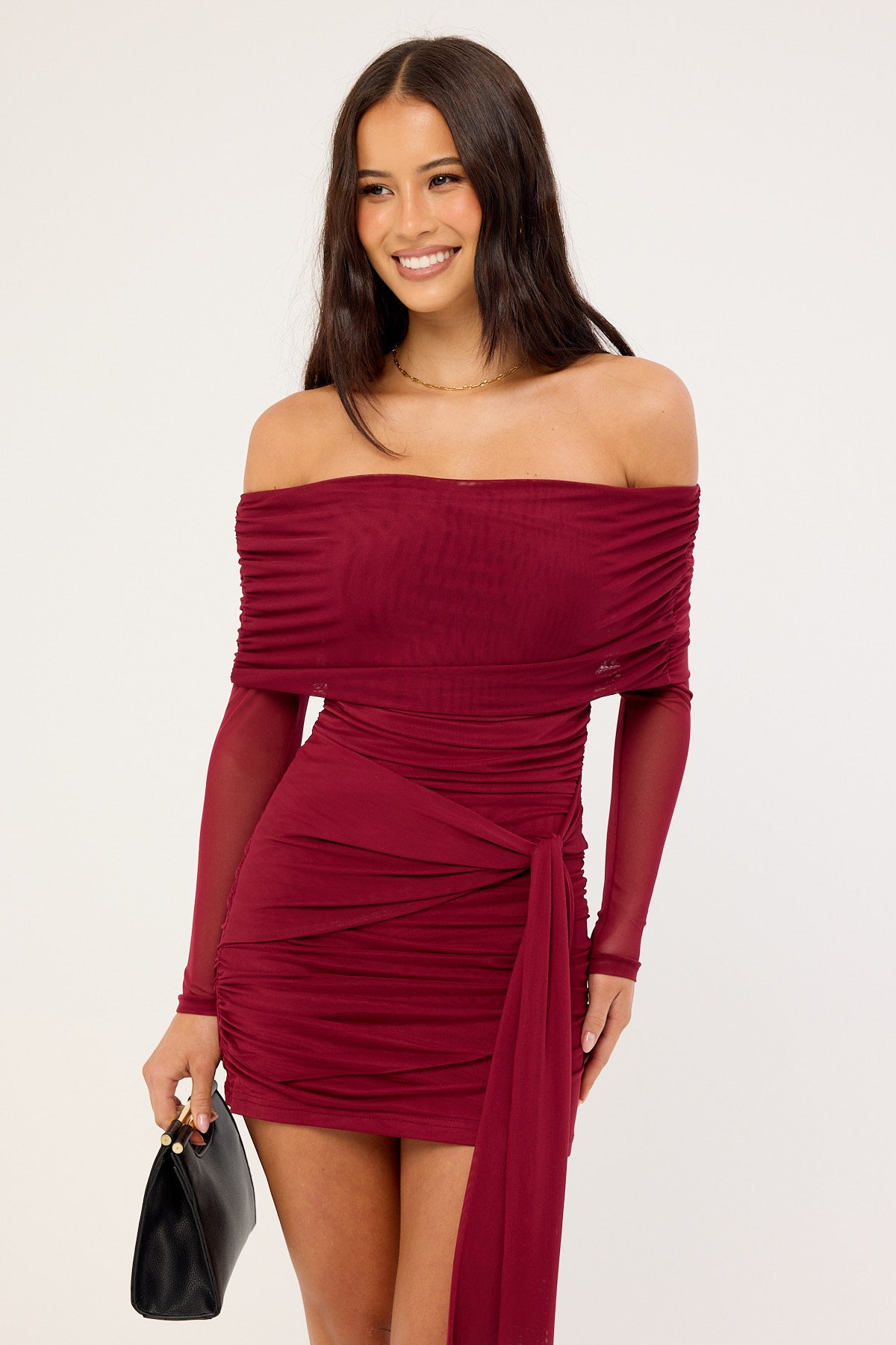 Luck & Trouble Elyse Off Shoulder Recycle Long Sleeve Mini Dress Burgundy