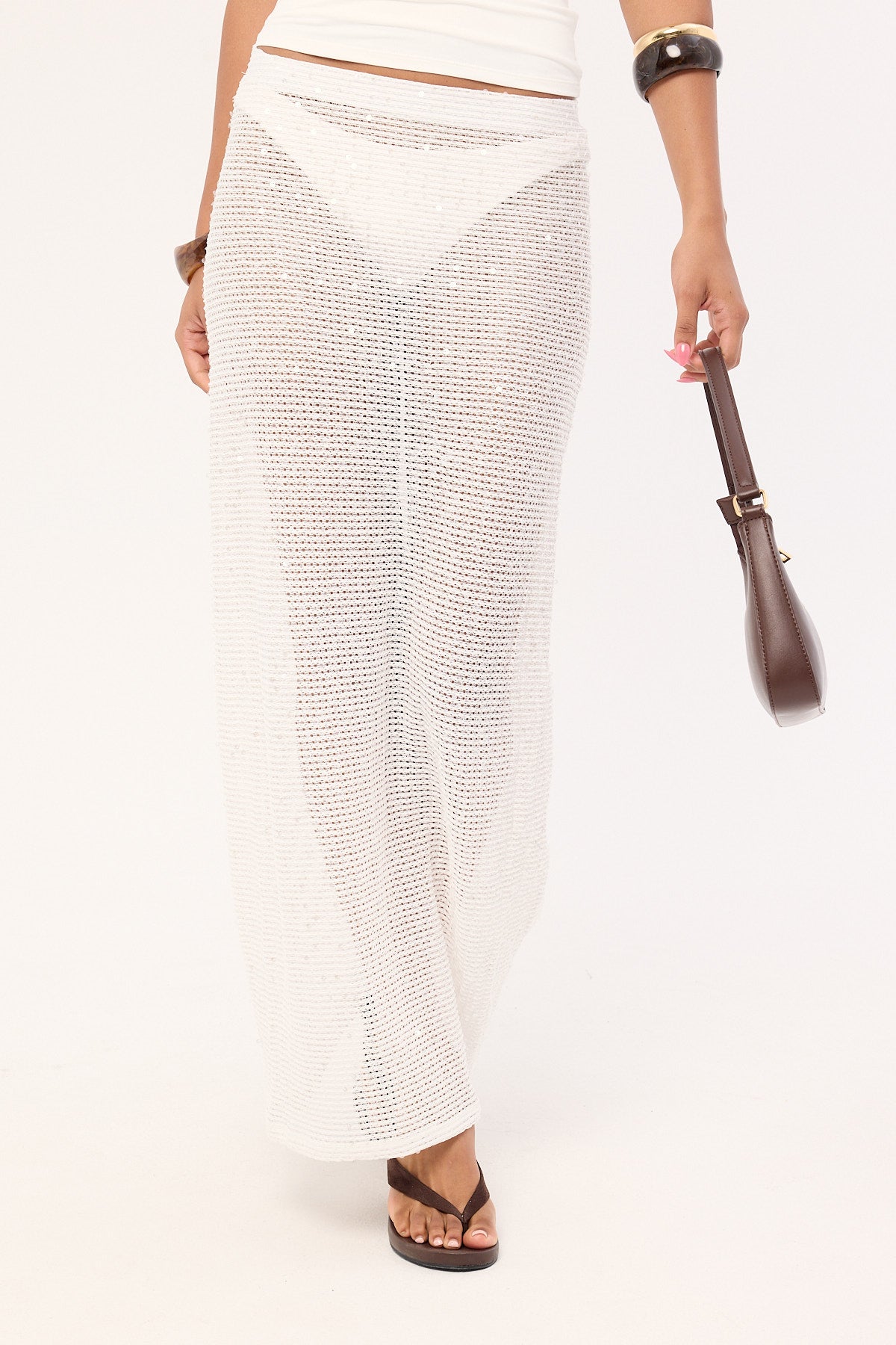 Luck & Trouble Willa Crochet Sequin Maxi Skirt White