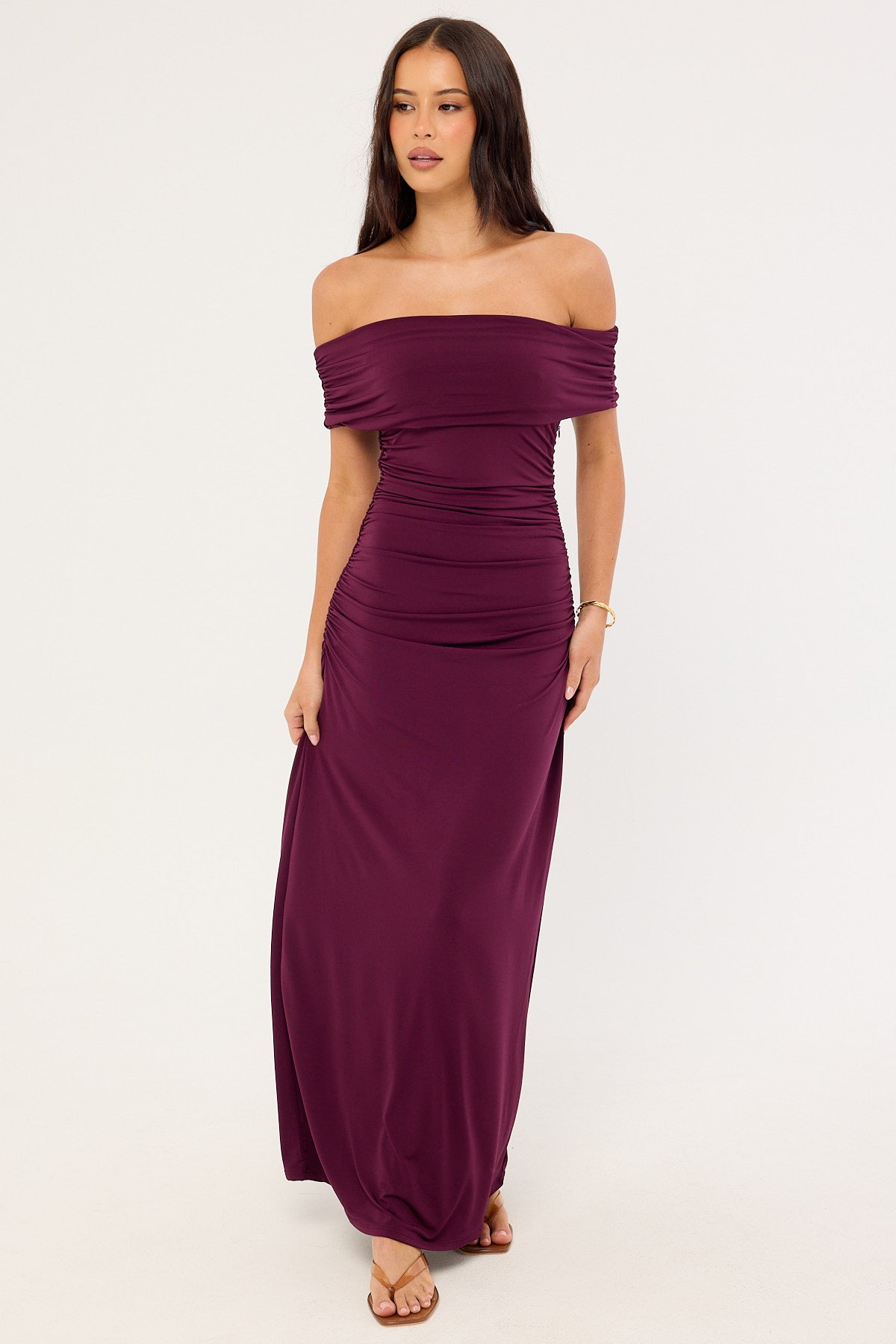 Perfect Stranger Rosetta Off Shoulder Maxi Dress Plum
