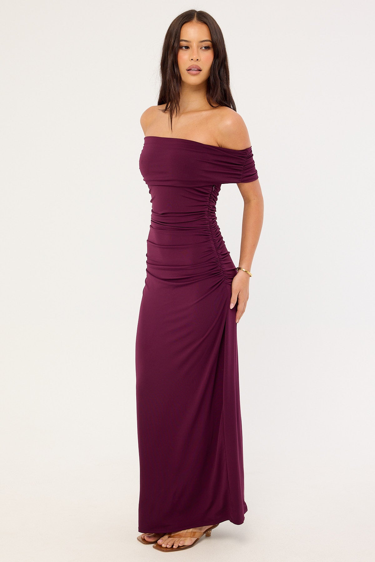 Perfect Stranger Rosetta Off Shoulder Maxi Dress Plum
