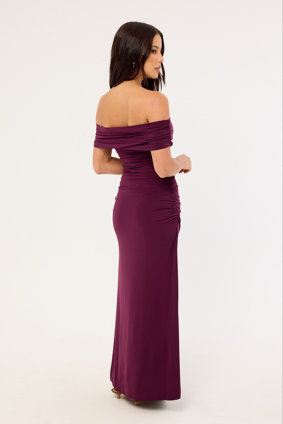 Perfect Stranger Rosetta Off Shoulder Maxi Dress Plum