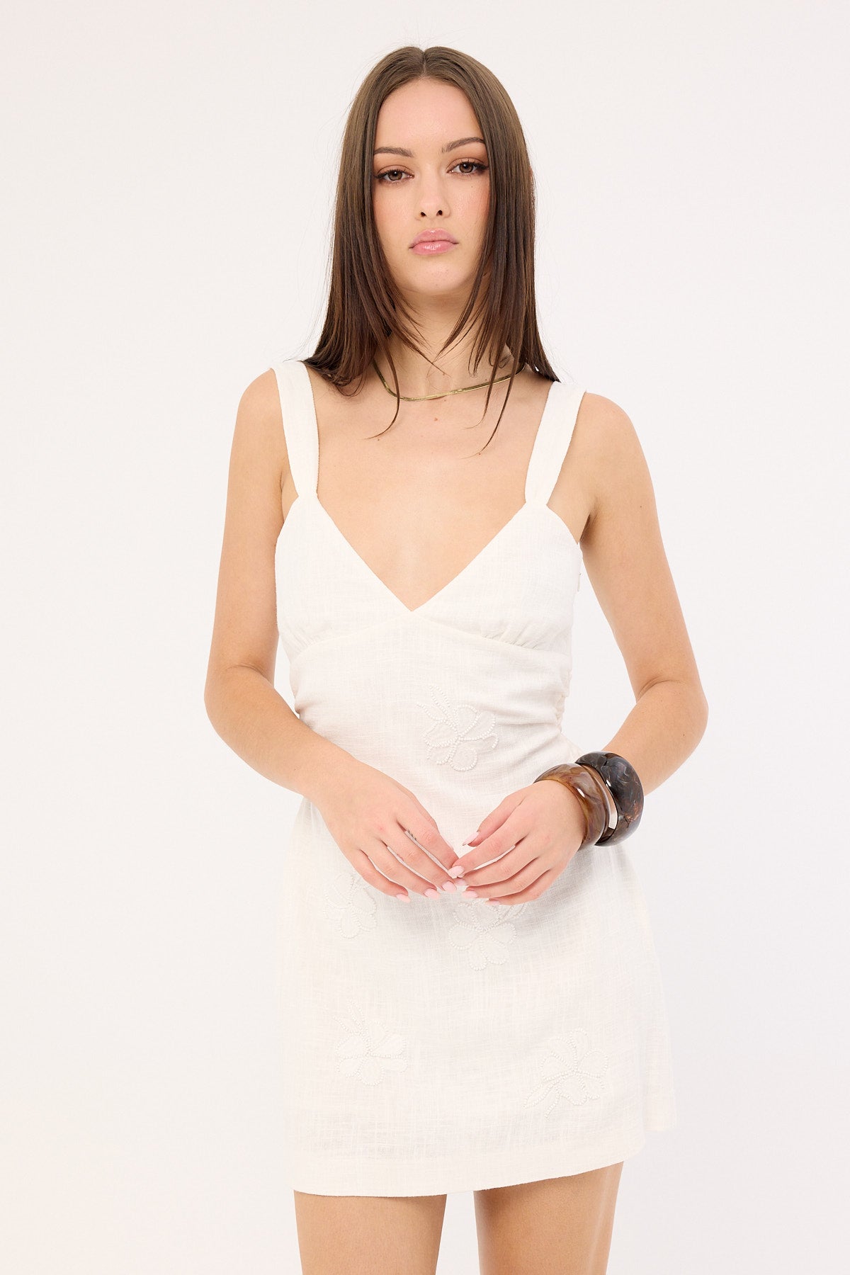 Perfect Stranger Kora Beaded Linen Mini Dress White
